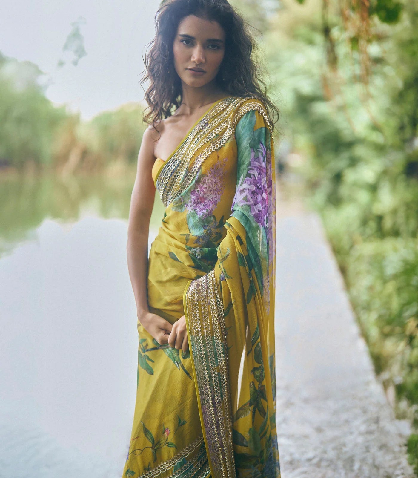 Printed 4 Line Sequence Saree Set