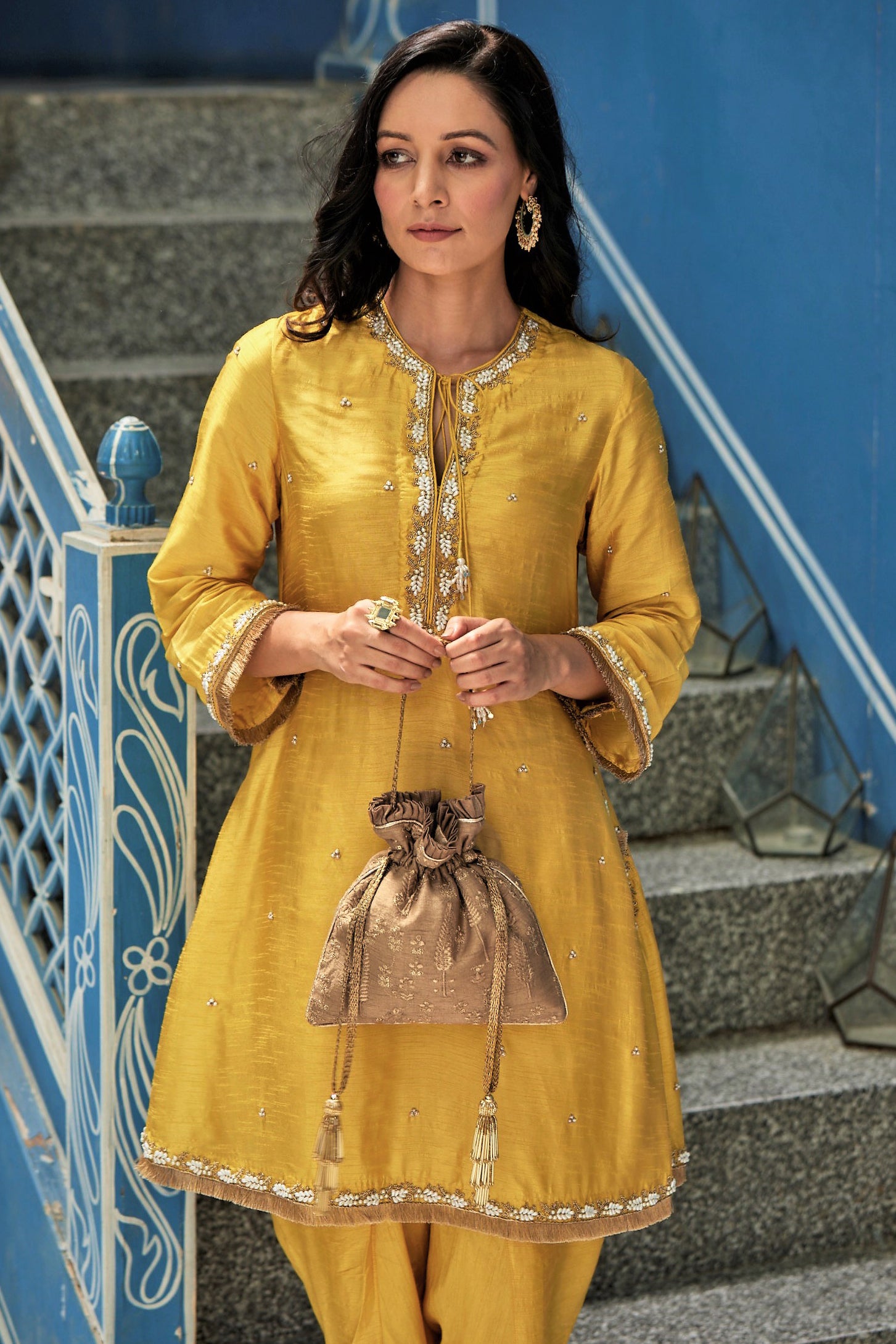 Arbre Silk Embroidered Potli Bag Dull Gold