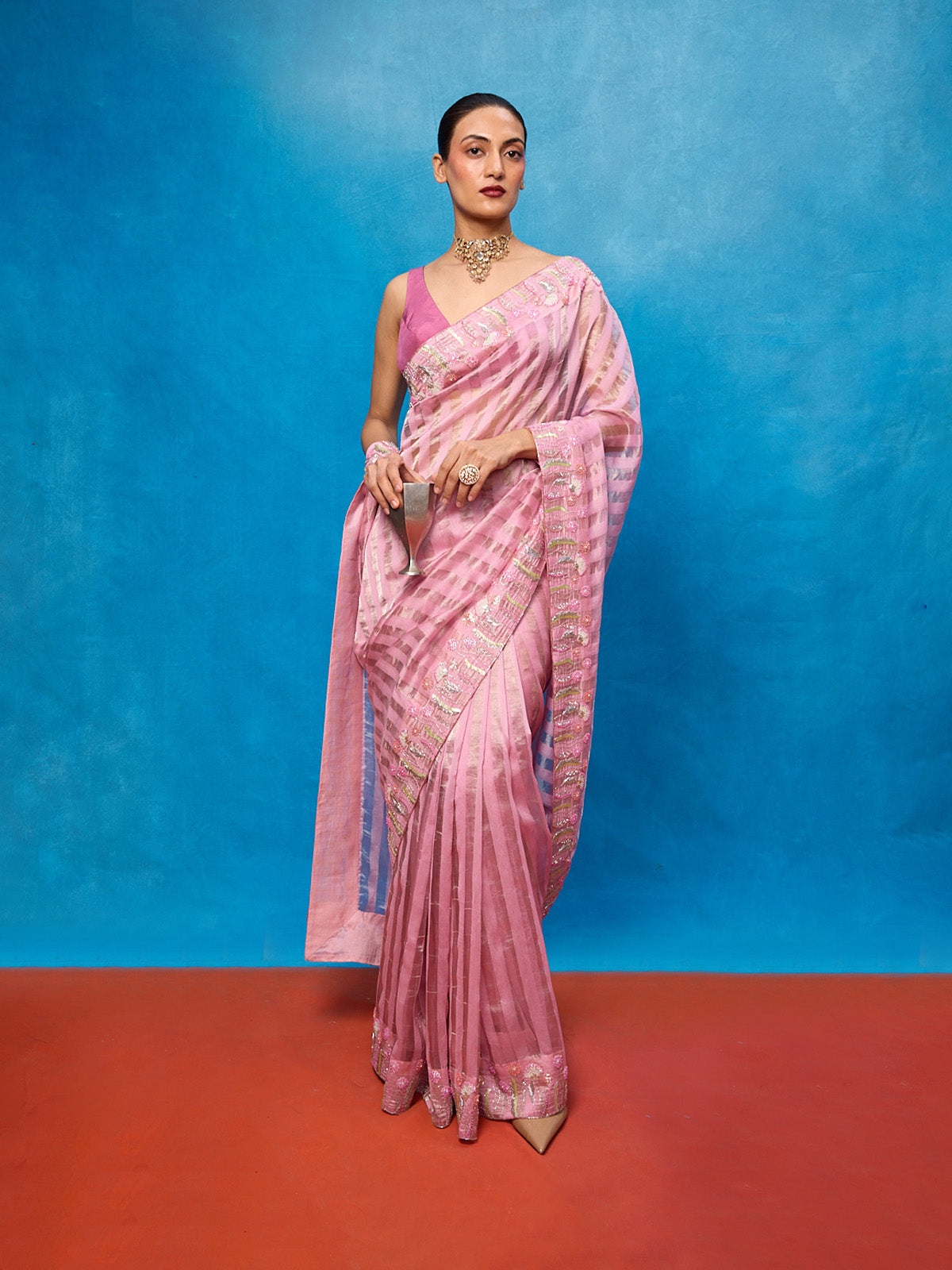 Handwoven Pink Tissue Embroidered Saree