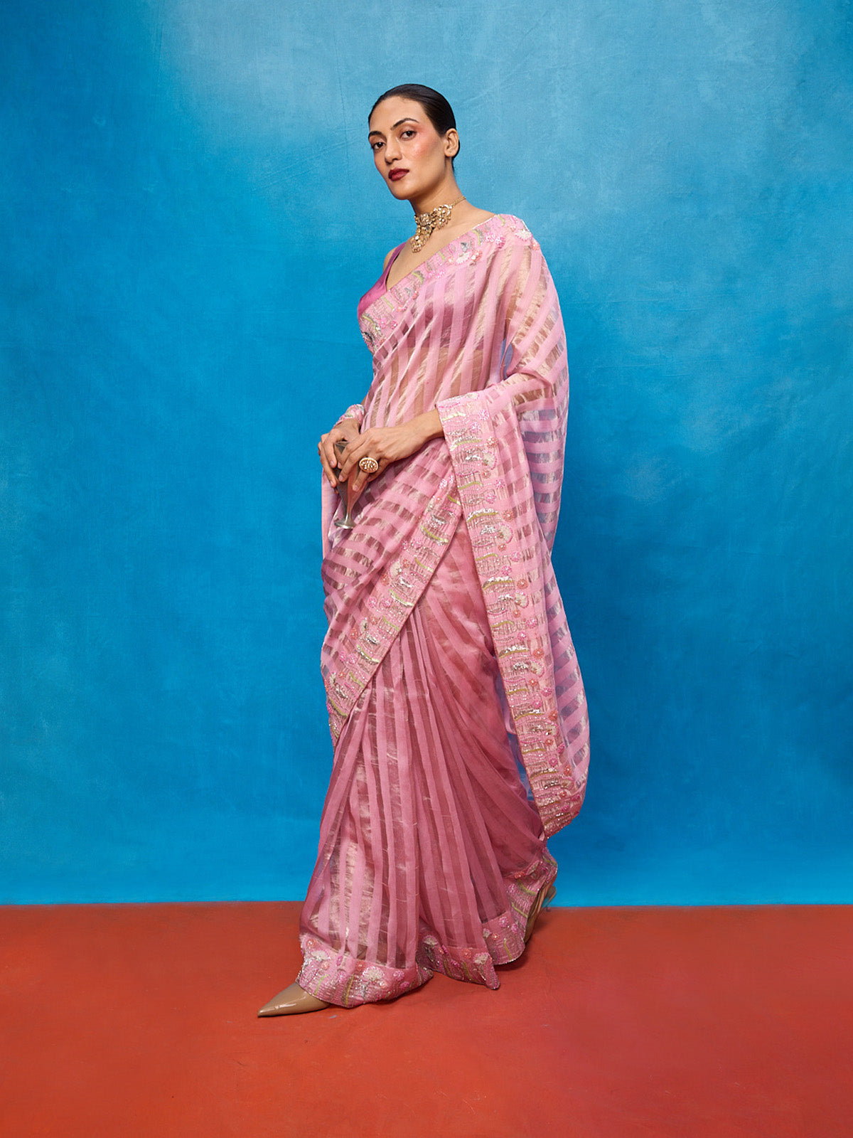 Handwoven Pink Tissue Embroidered Saree