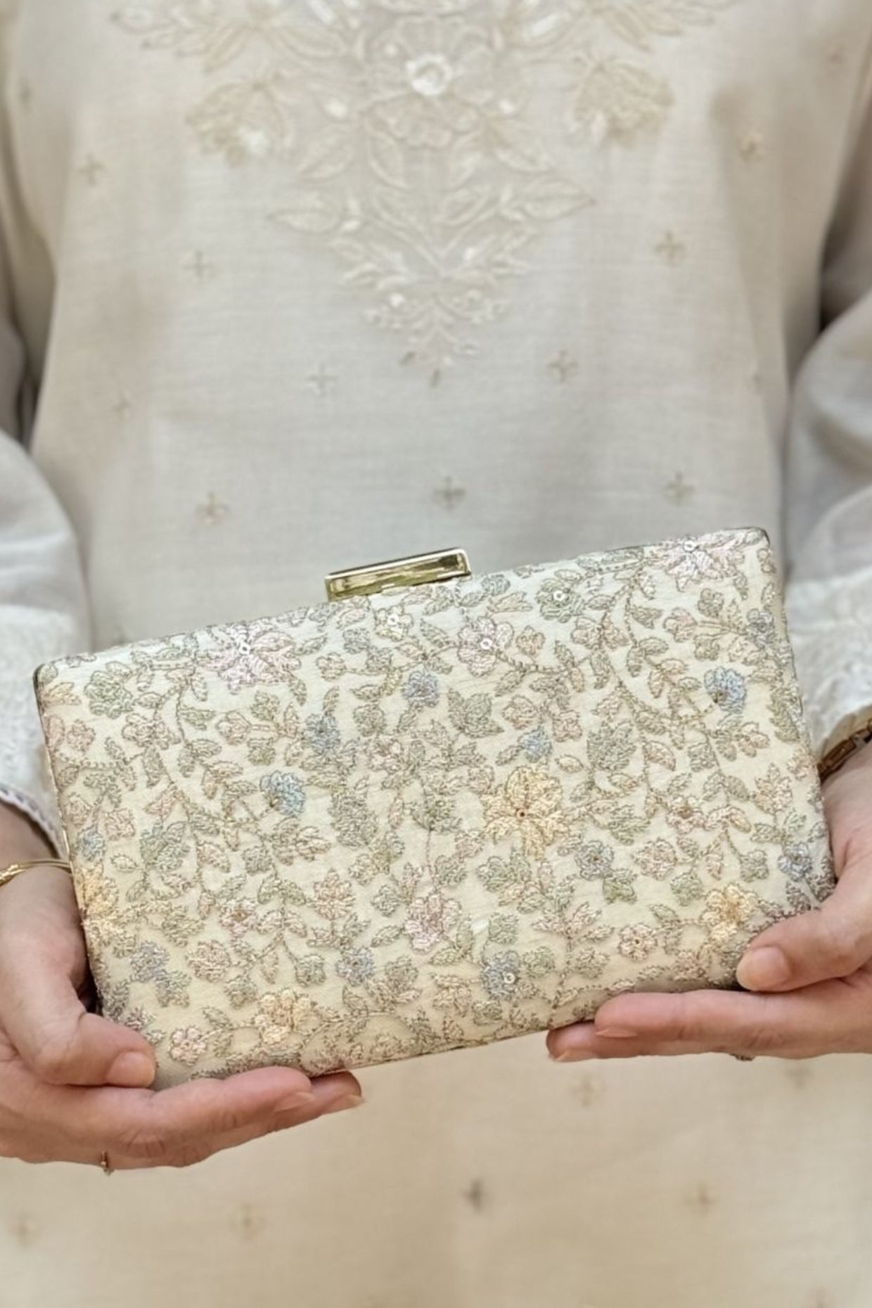 Avril Embroidered Sleek Clutch - Beige