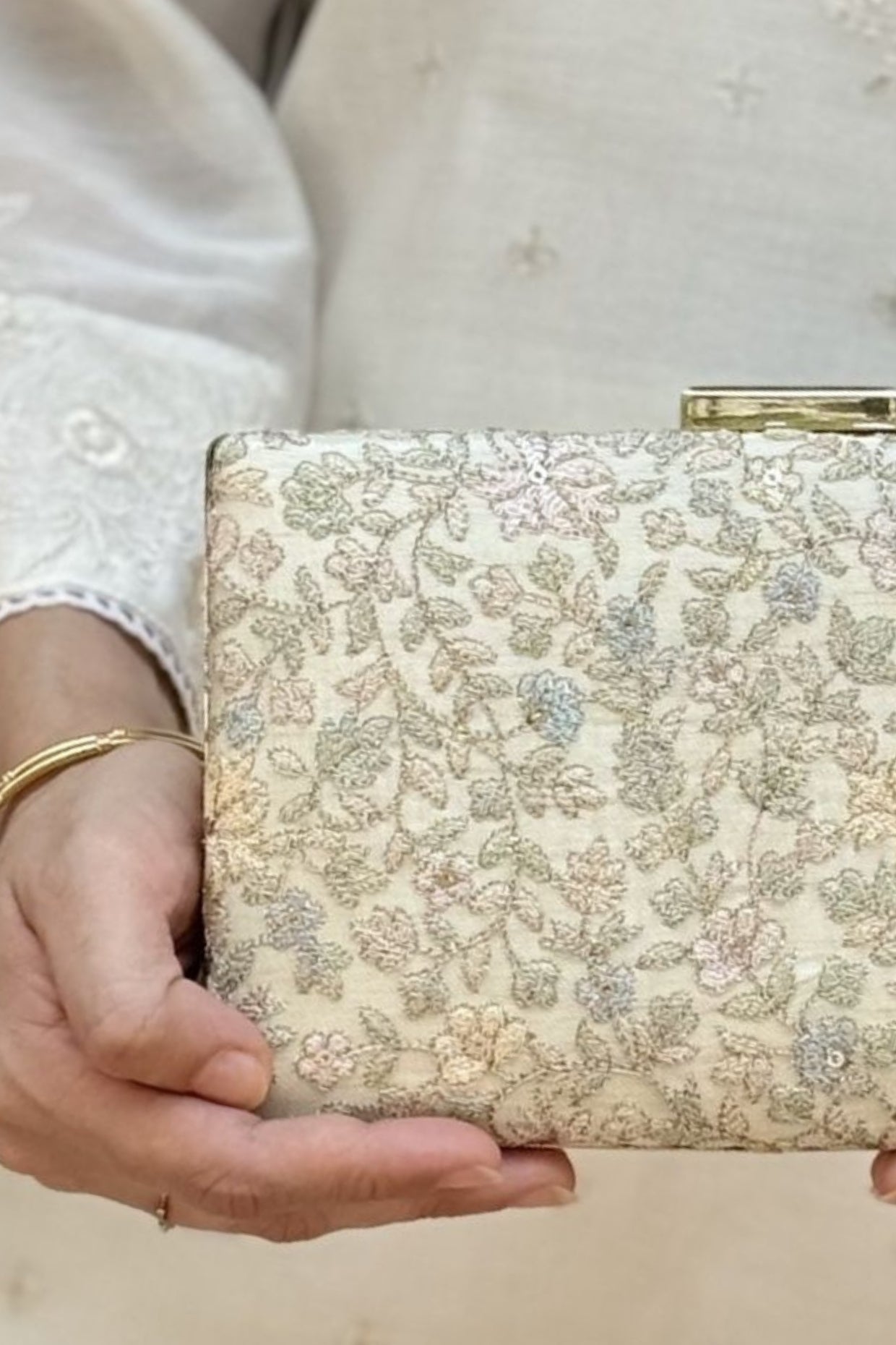 Avril Embroidered Sleek Clutch - Beige