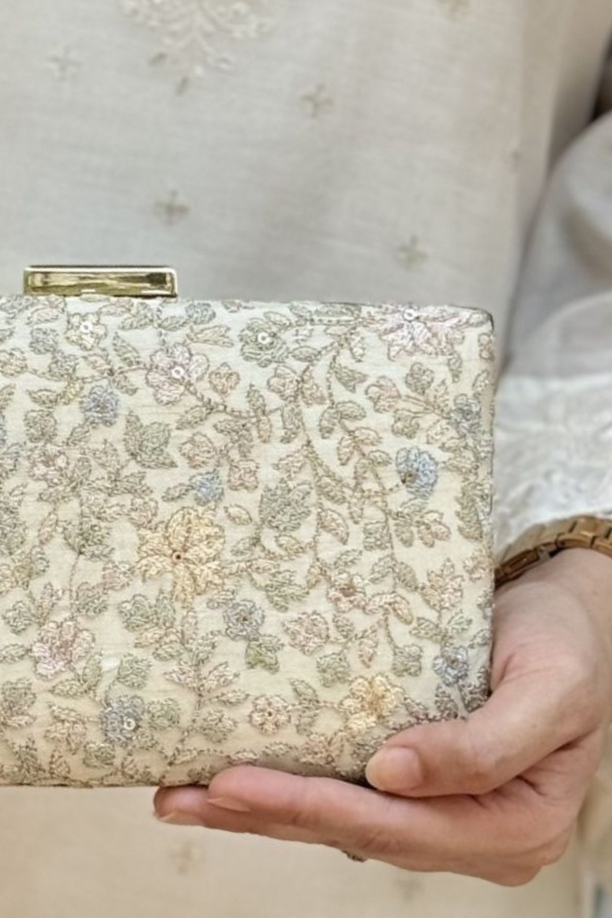 Avril Embroidered Sleek Clutch - Beige