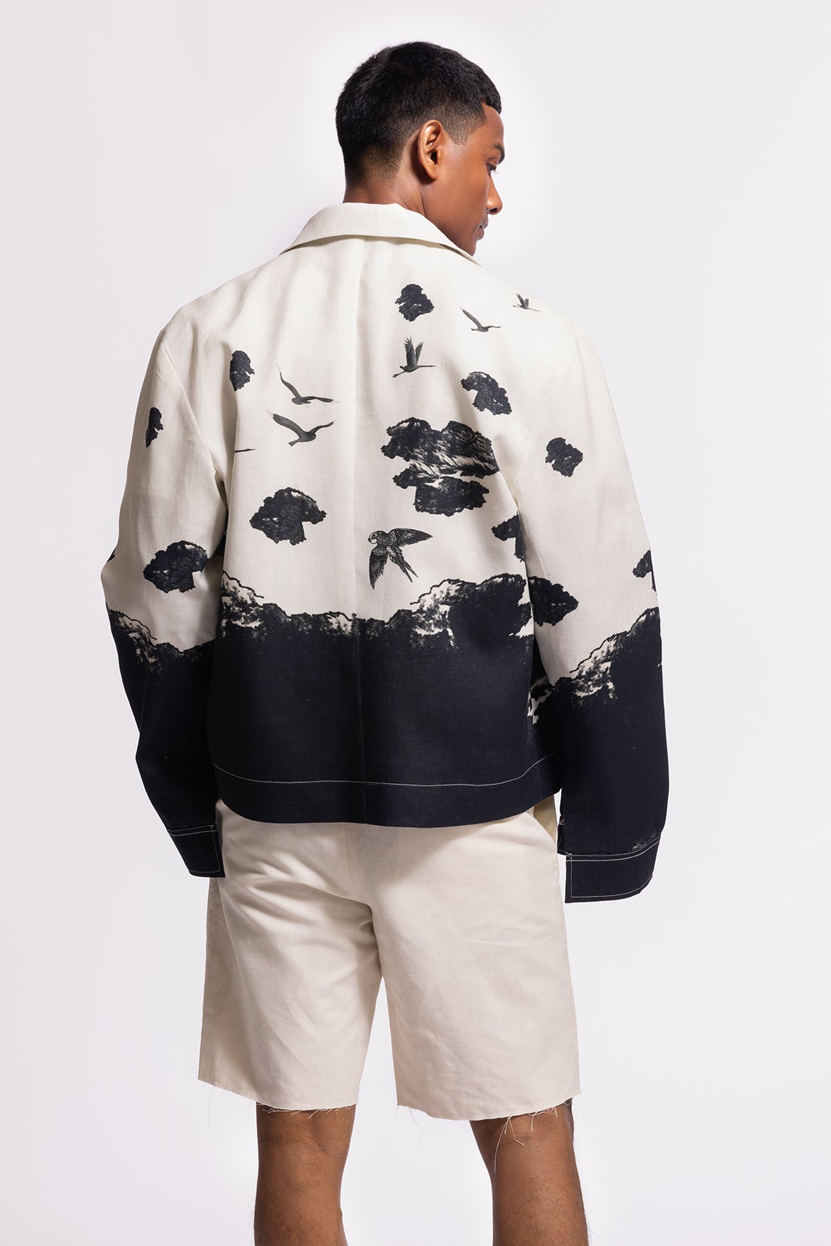 Men's Ivory Bird Print Linen Jacket