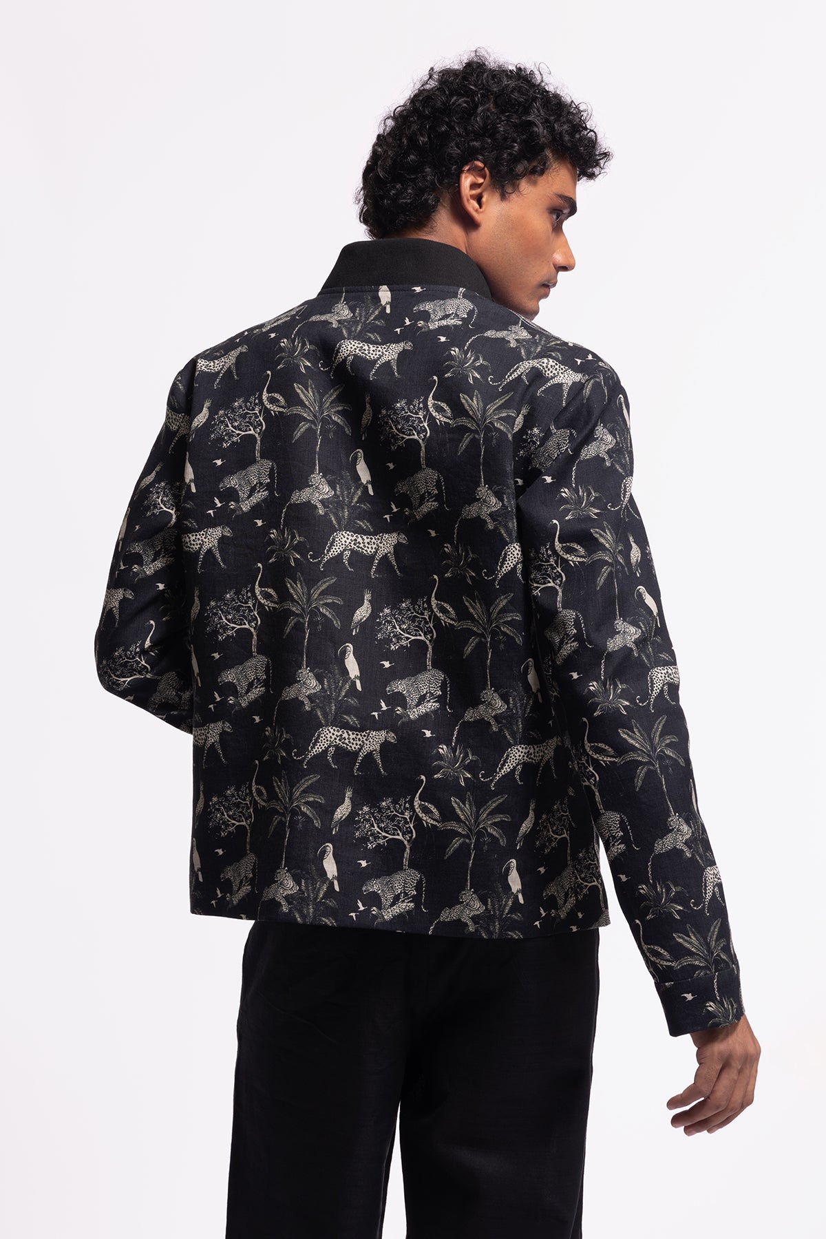Men's Black Linen Printed Jacket With Zip