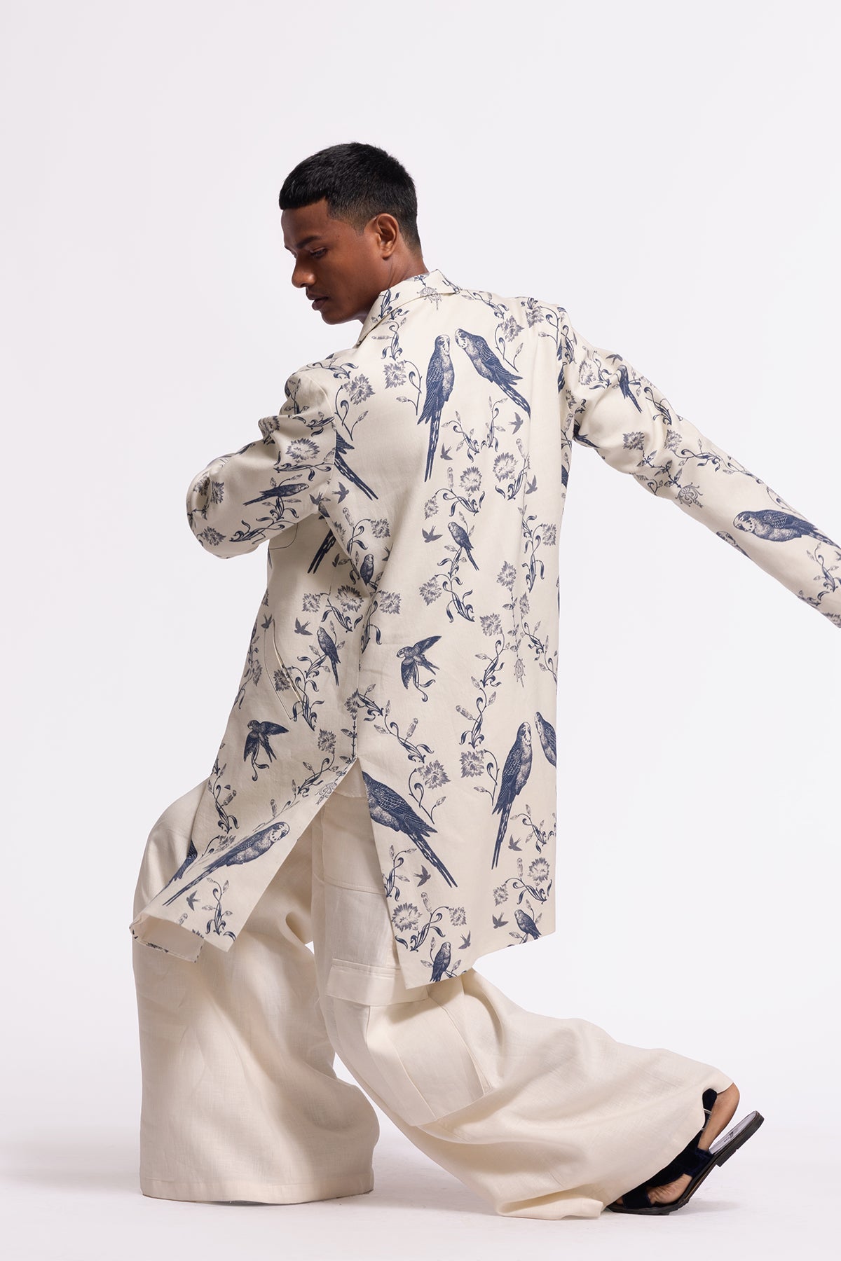 Men's Ivory Bird-printed Long Jacket
