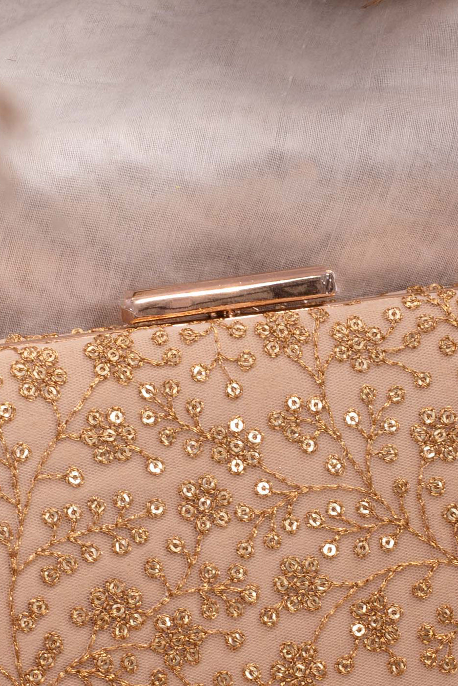 Beige Sequin Embroidered Box Clutch