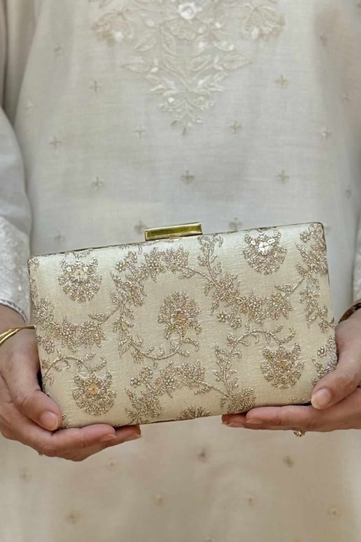 Bodhi Embroidered Sleek Clutch - Beige