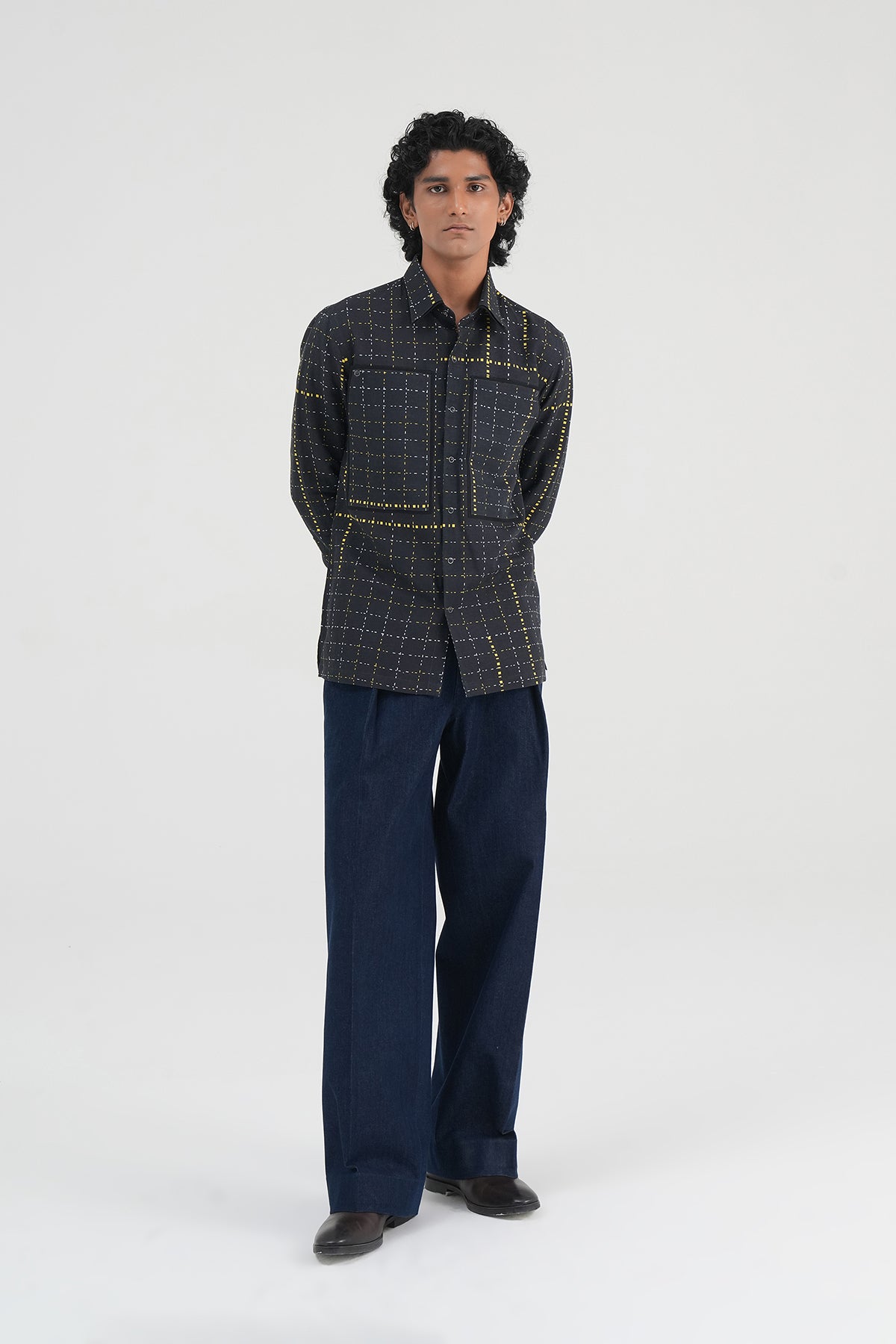 Grid Print Cotton Linen Shirt