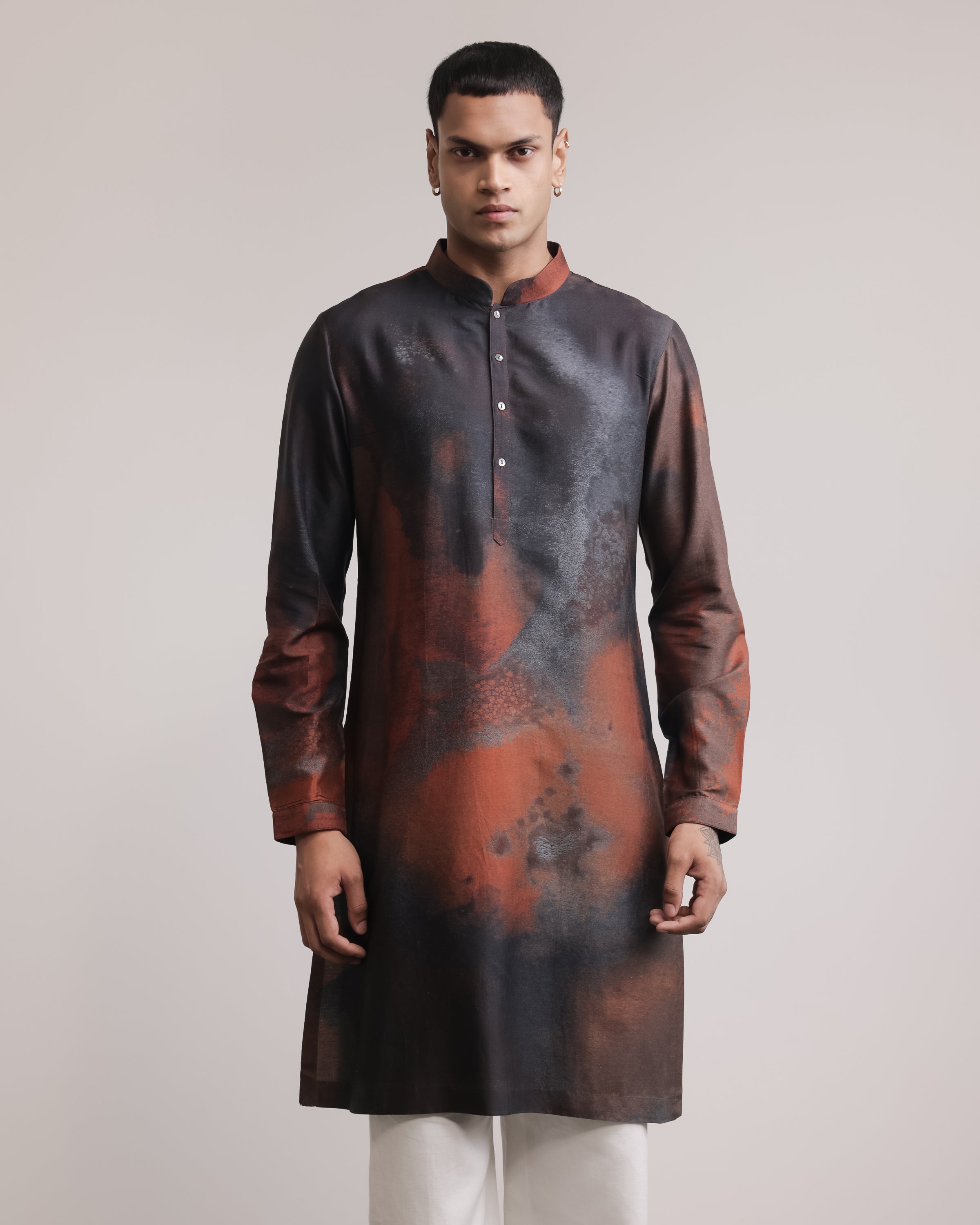 Rust-concrete Print Silk Kurta
