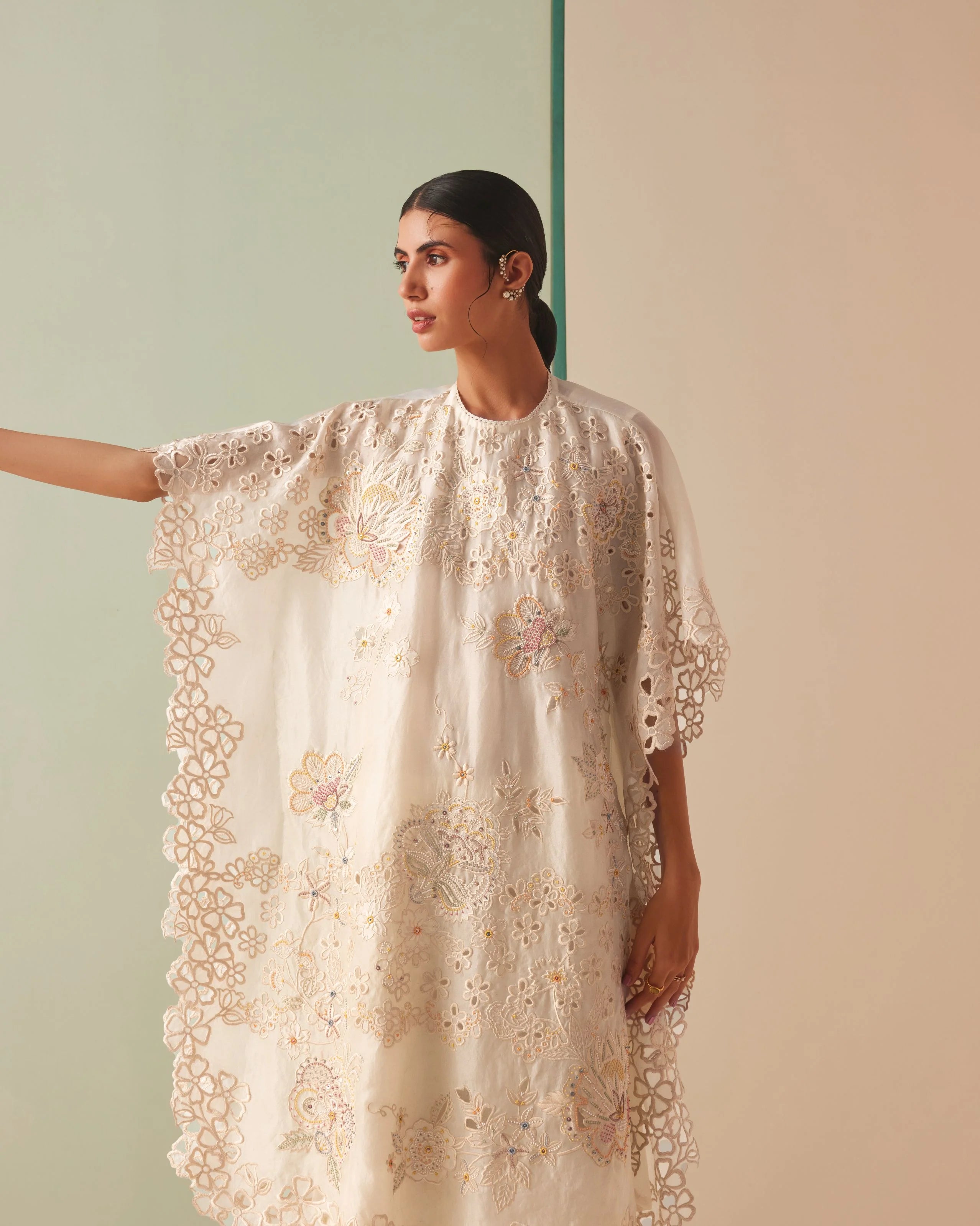 IVORY TONAL CUTWORK AND BEADWORK KAFTAN