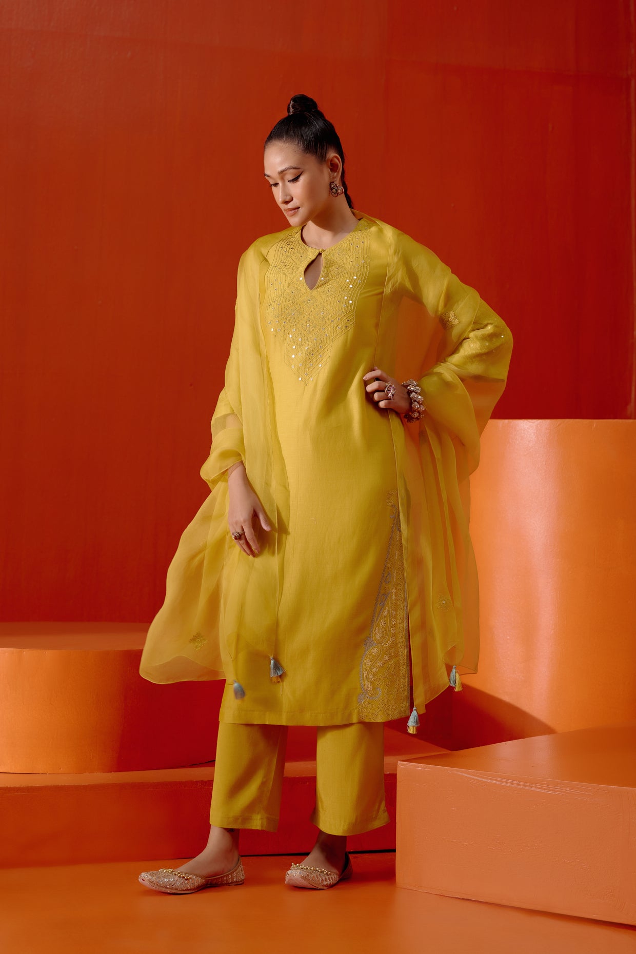 Mustard Embroidered Silk Chanderi Kurta Set