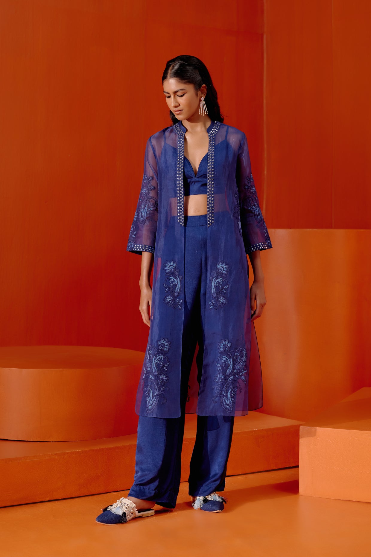 Blue Embroidered Cape and Pant Set