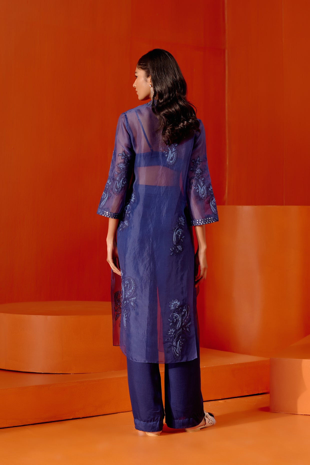 Blue Embroidered Cape and Pant Set