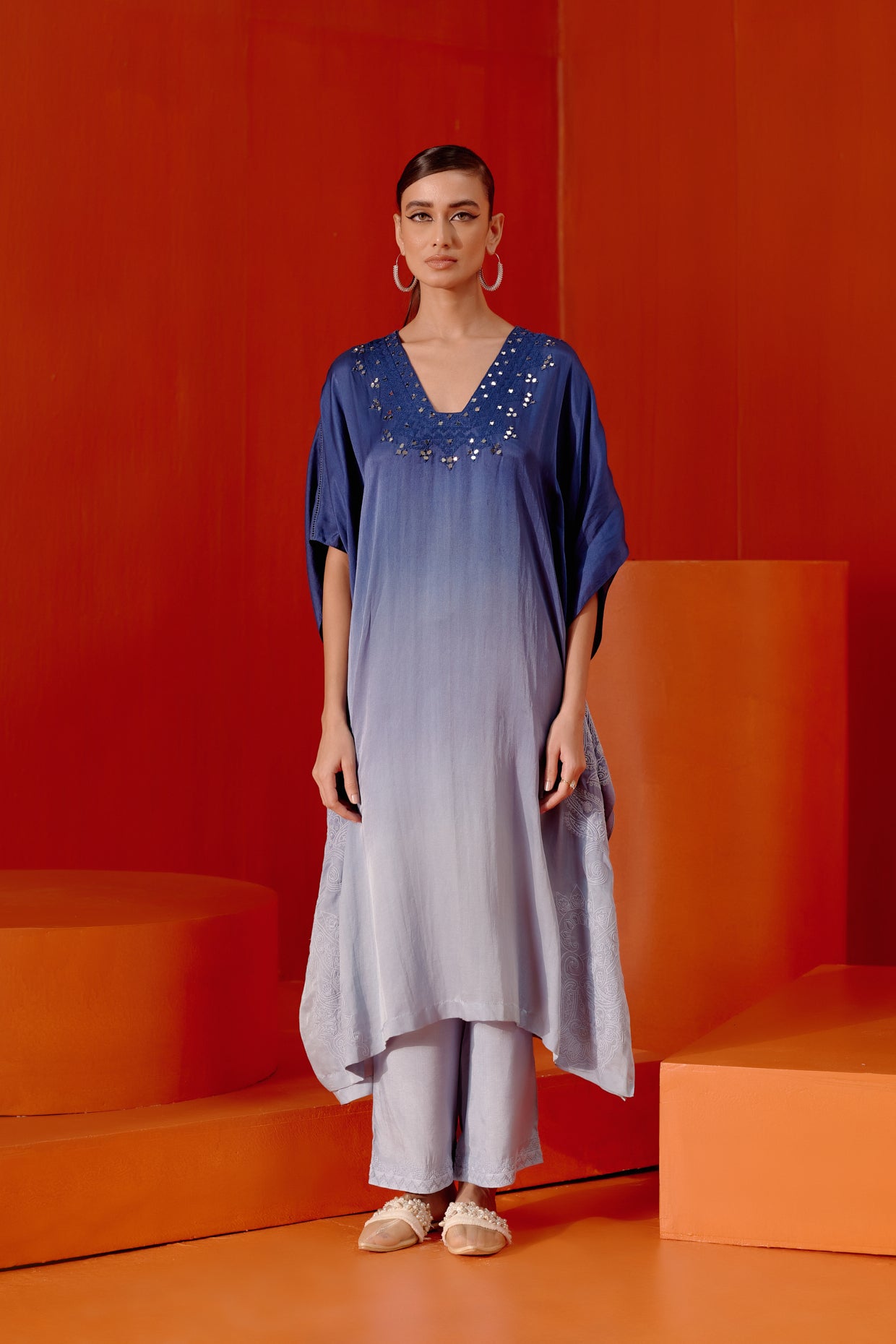 Blue Ombre Mirror Embroidered Kaftan Set