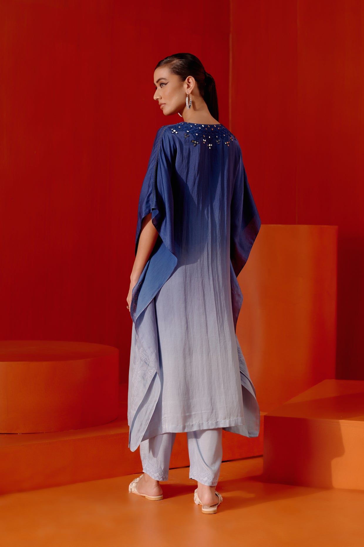 Blue Ombre Mirror Embroidered Kaftan Set