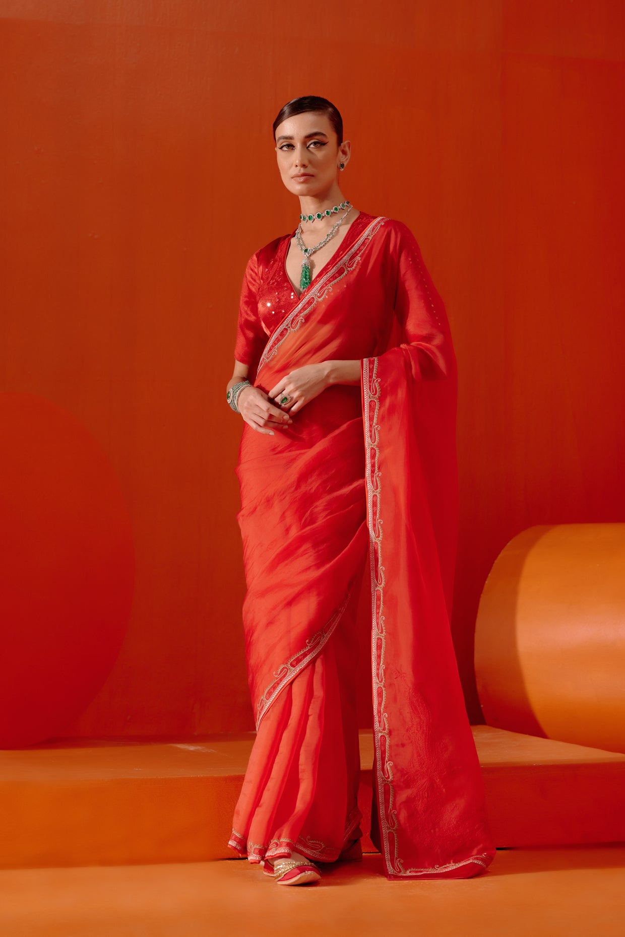 Red Multi Hued Dori Embroidered Organza Saree