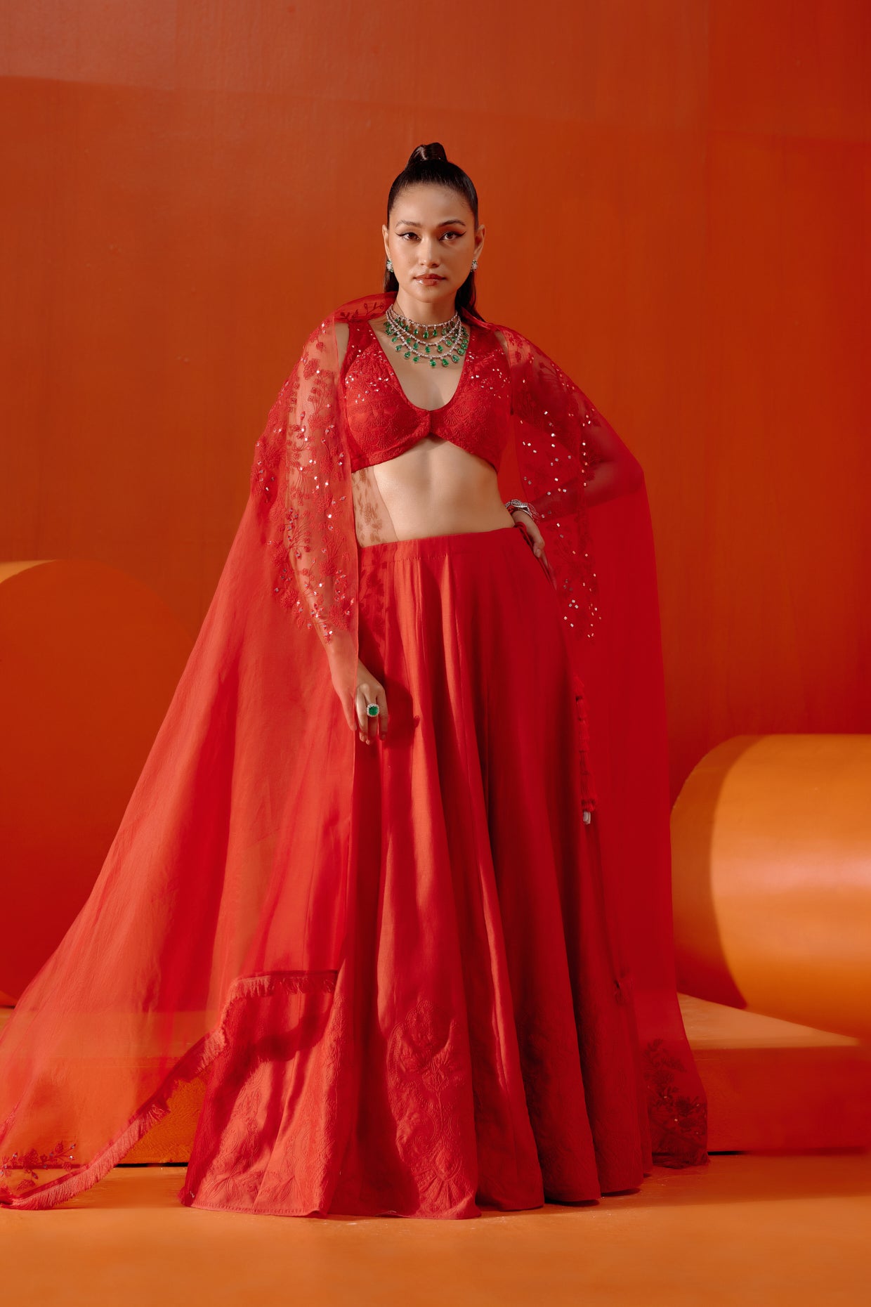 Red Embroidered Silk Chanderi Lehenga Set