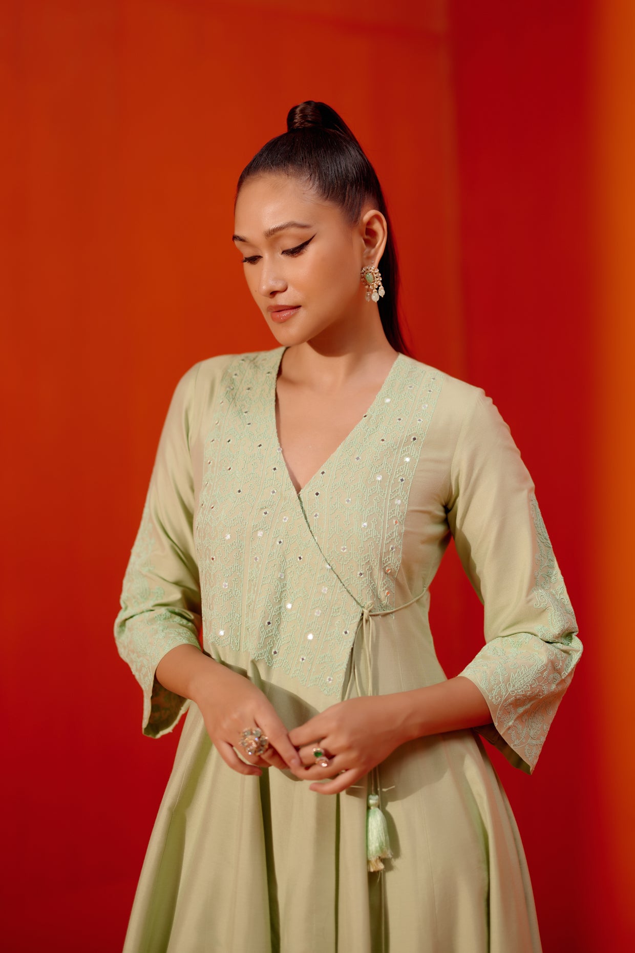 Pista Green Angrakha Style Embroidered Anarkali Set