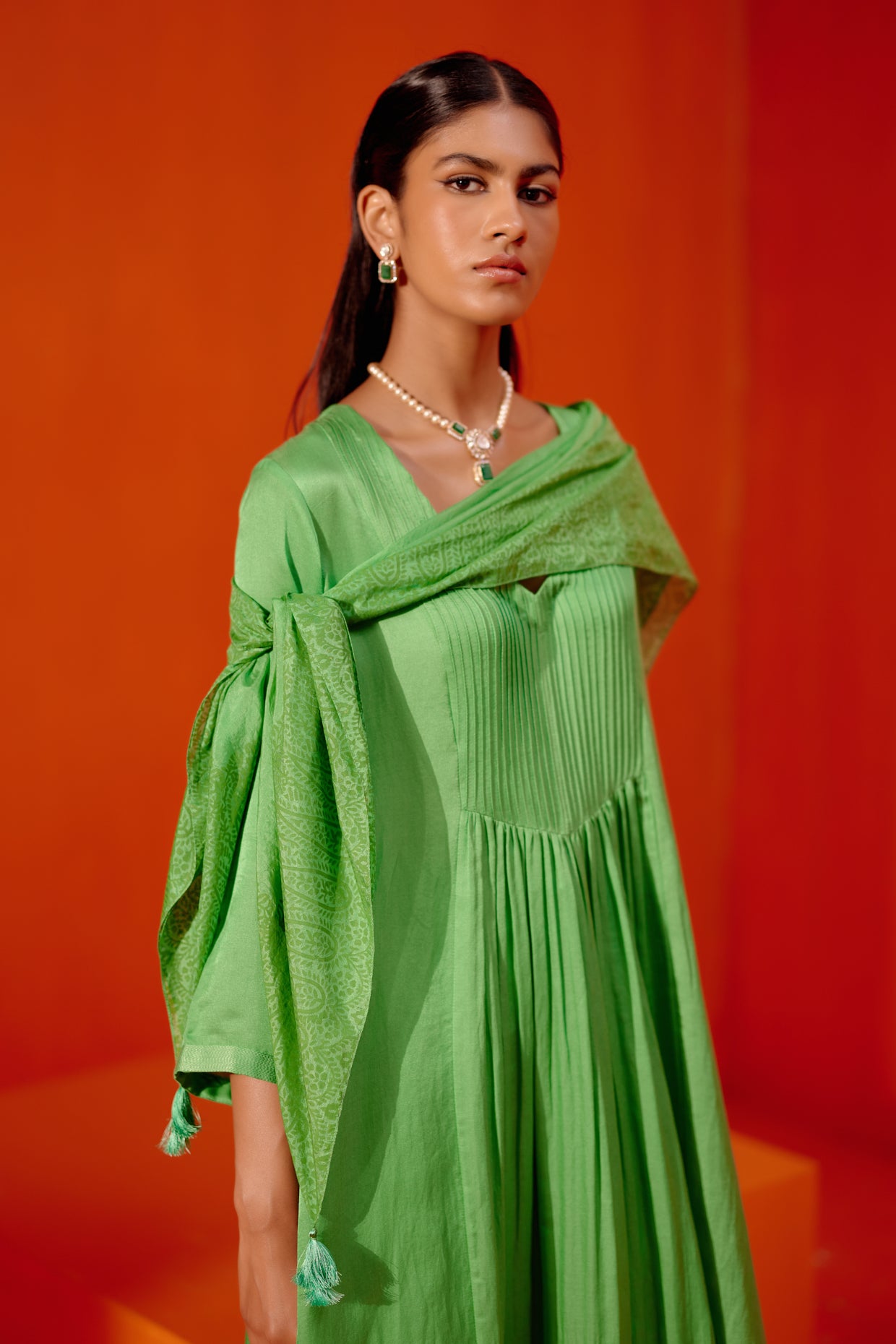 Green Cotton Silk Satin Kurta with Scarf Set