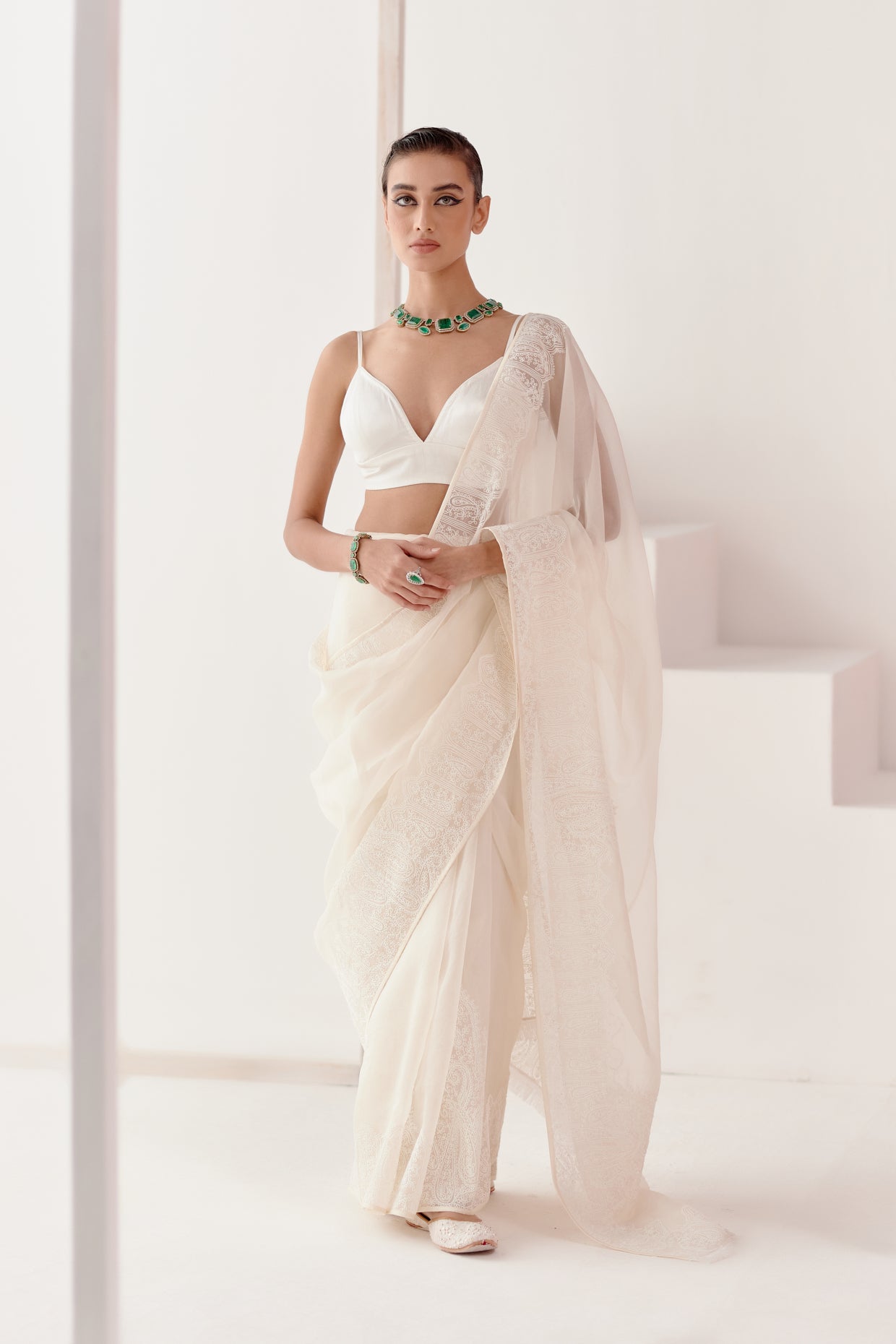 Ivory Dori Embroidered Silk Organza Saree