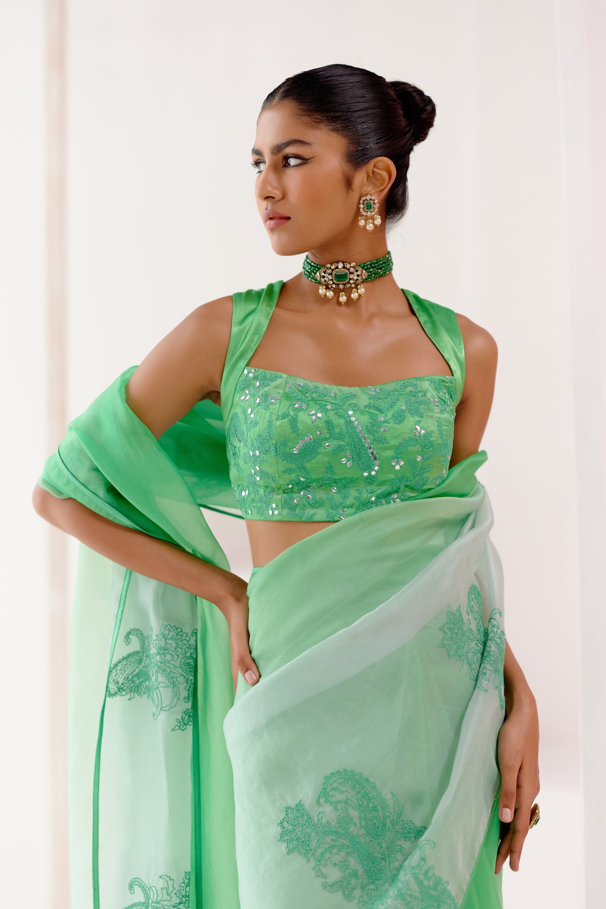 Green Embroidered Ombre Organza Saree