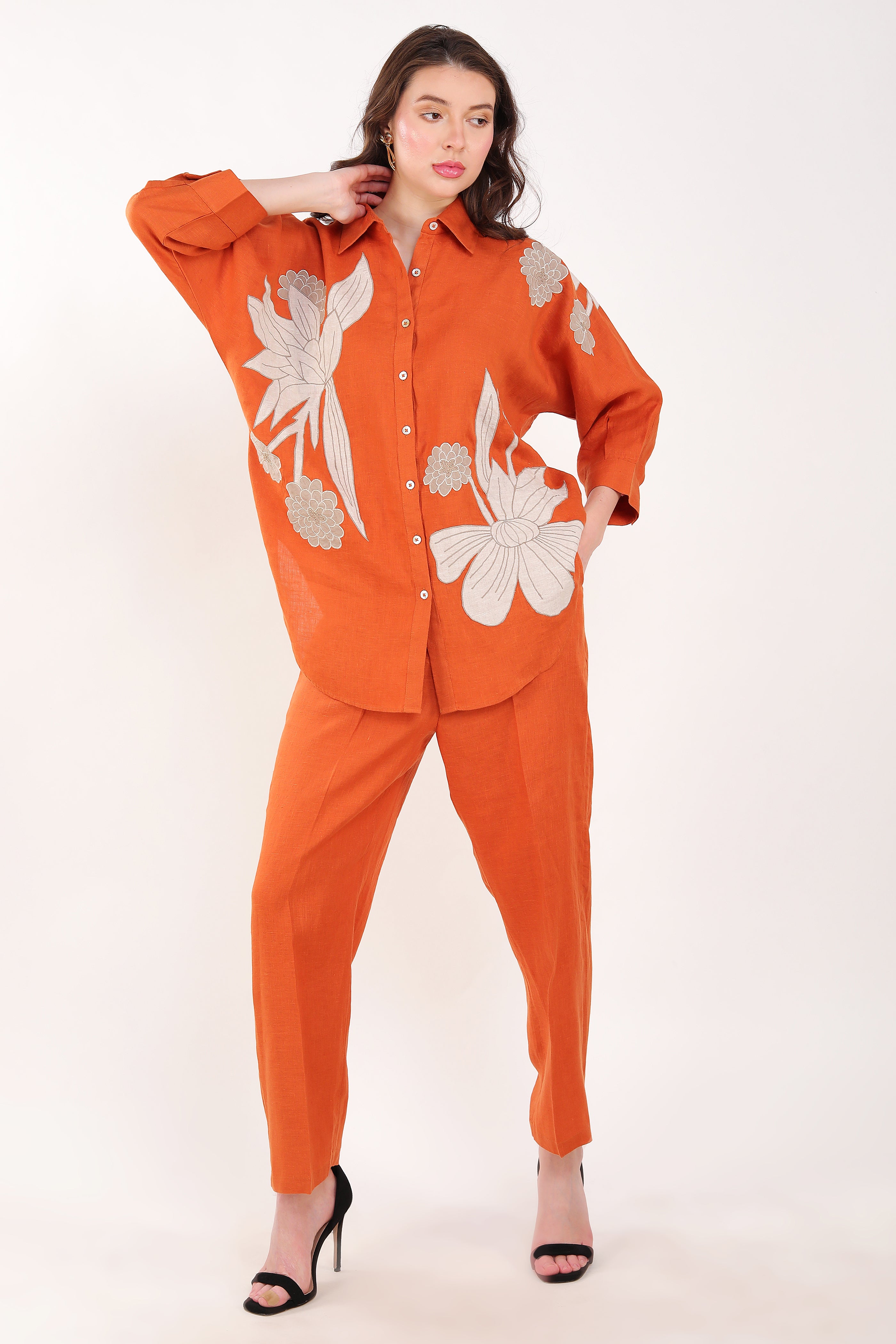 Orange Big Shirt with Floral Embroidery