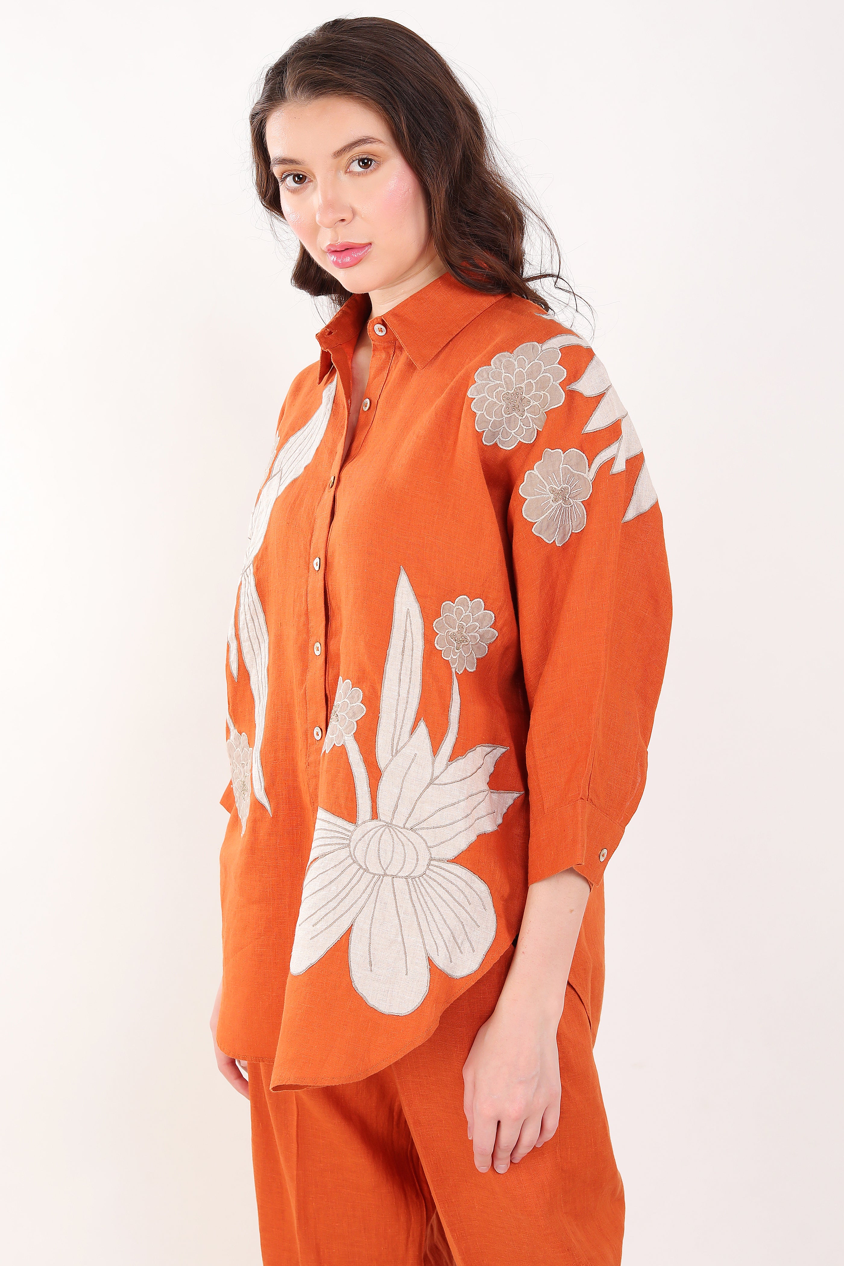 Orange Big Shirt with Floral Embroidery
