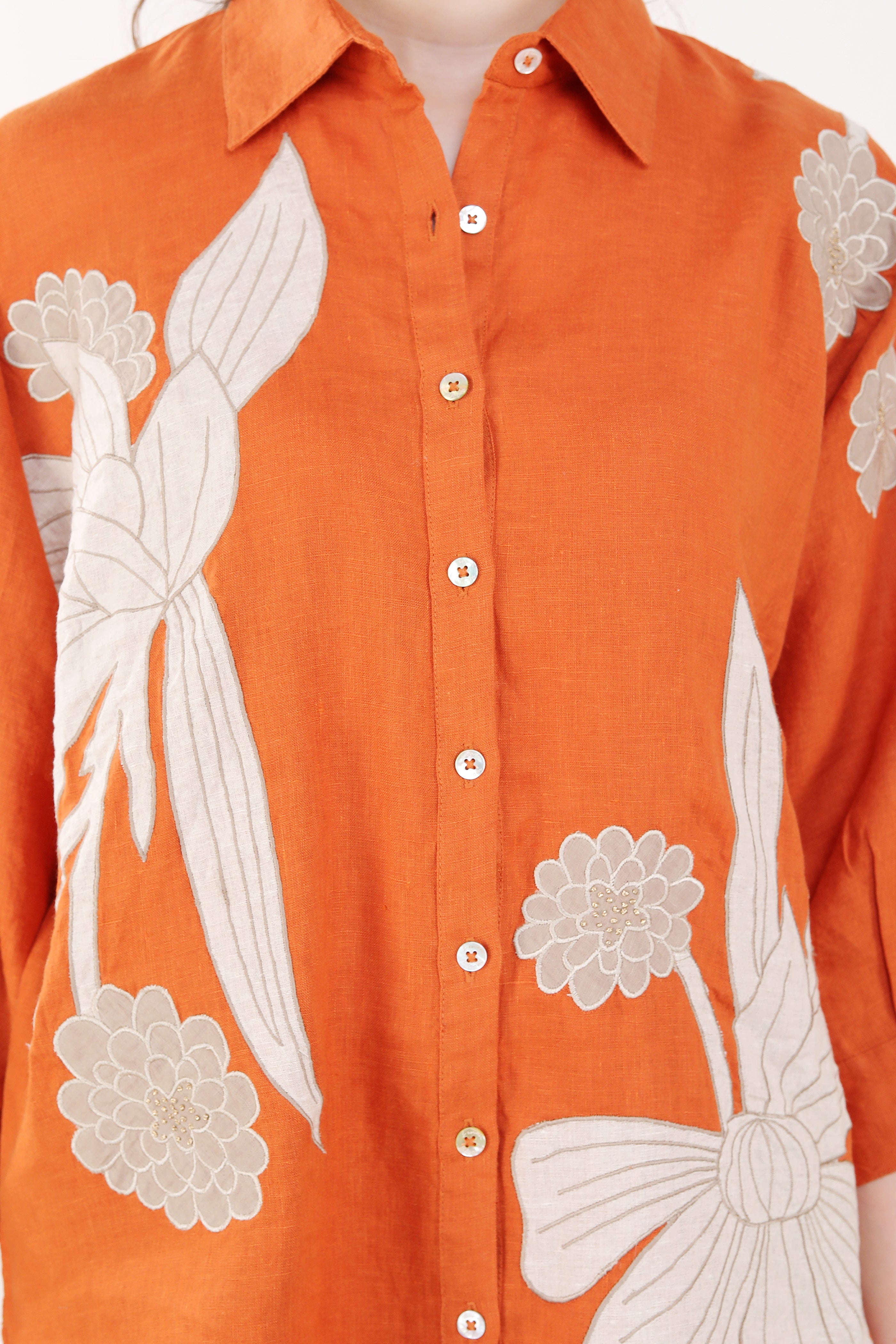 Orange Big Shirt with Floral Embroidery