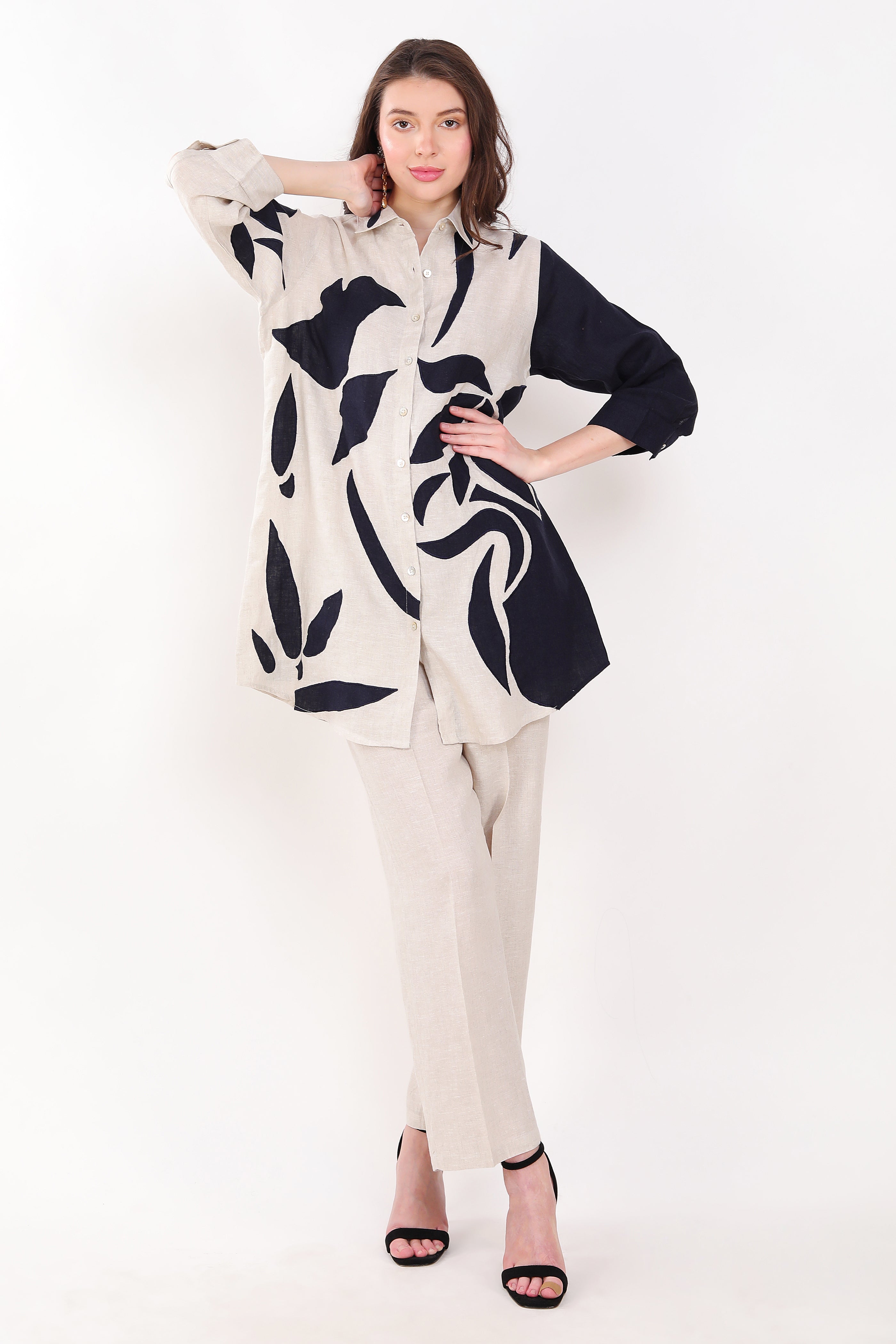 Beige/Navy Long Shirt with Big Leaf Applique Embroidery