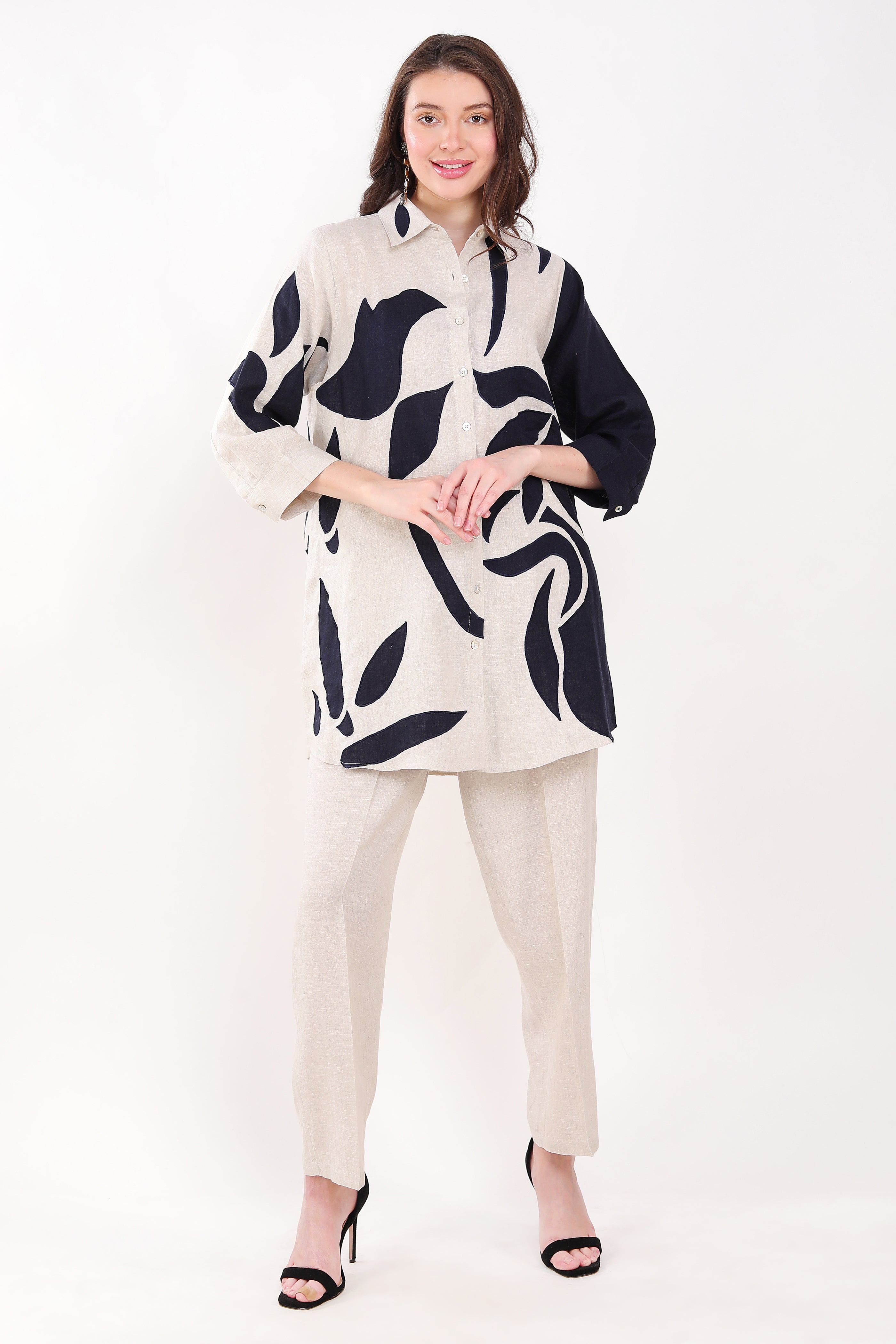 Beige/Navy Long Shirt with Big Leaf Applique Embroidery