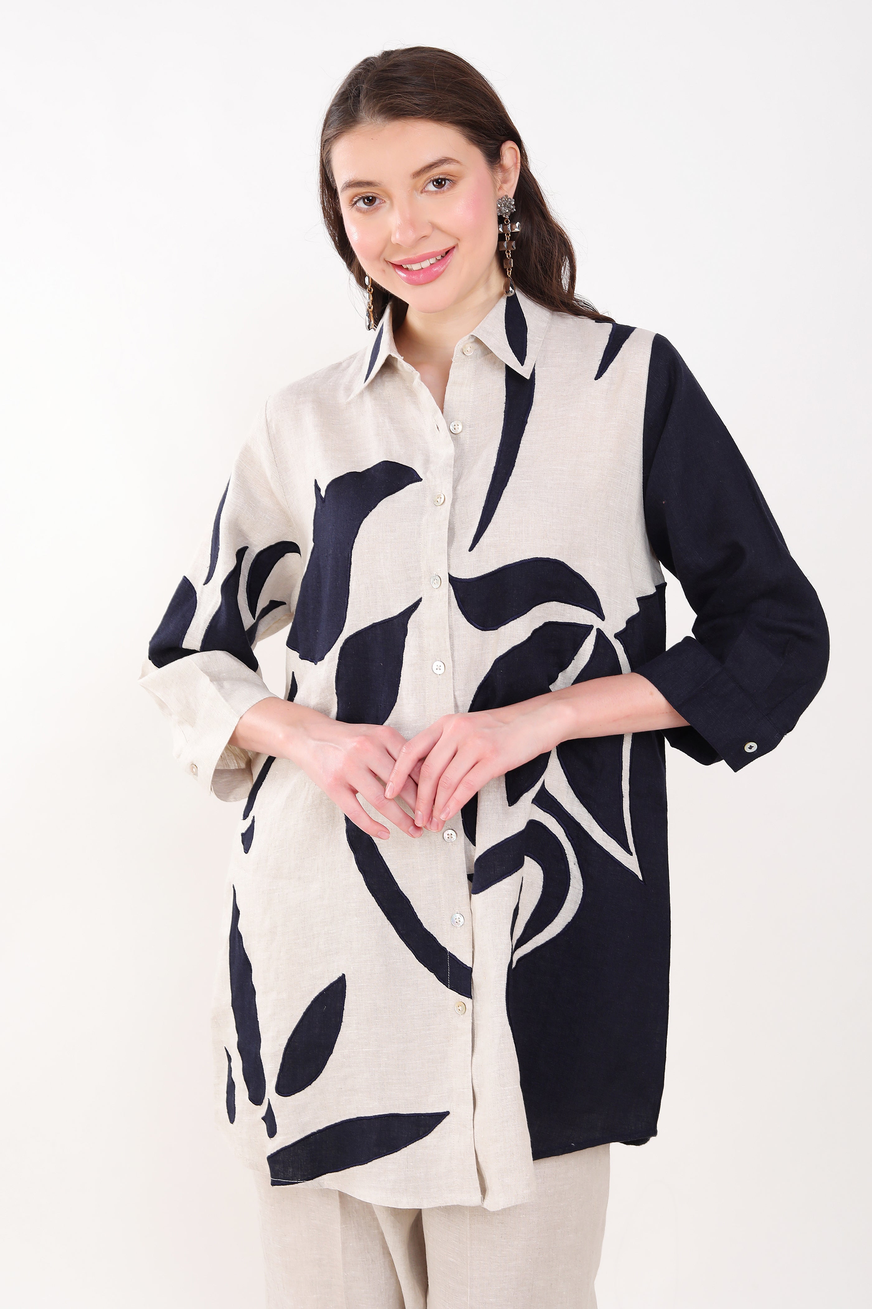Beige/Navy Long Shirt with Big Leaf Applique Embroidery