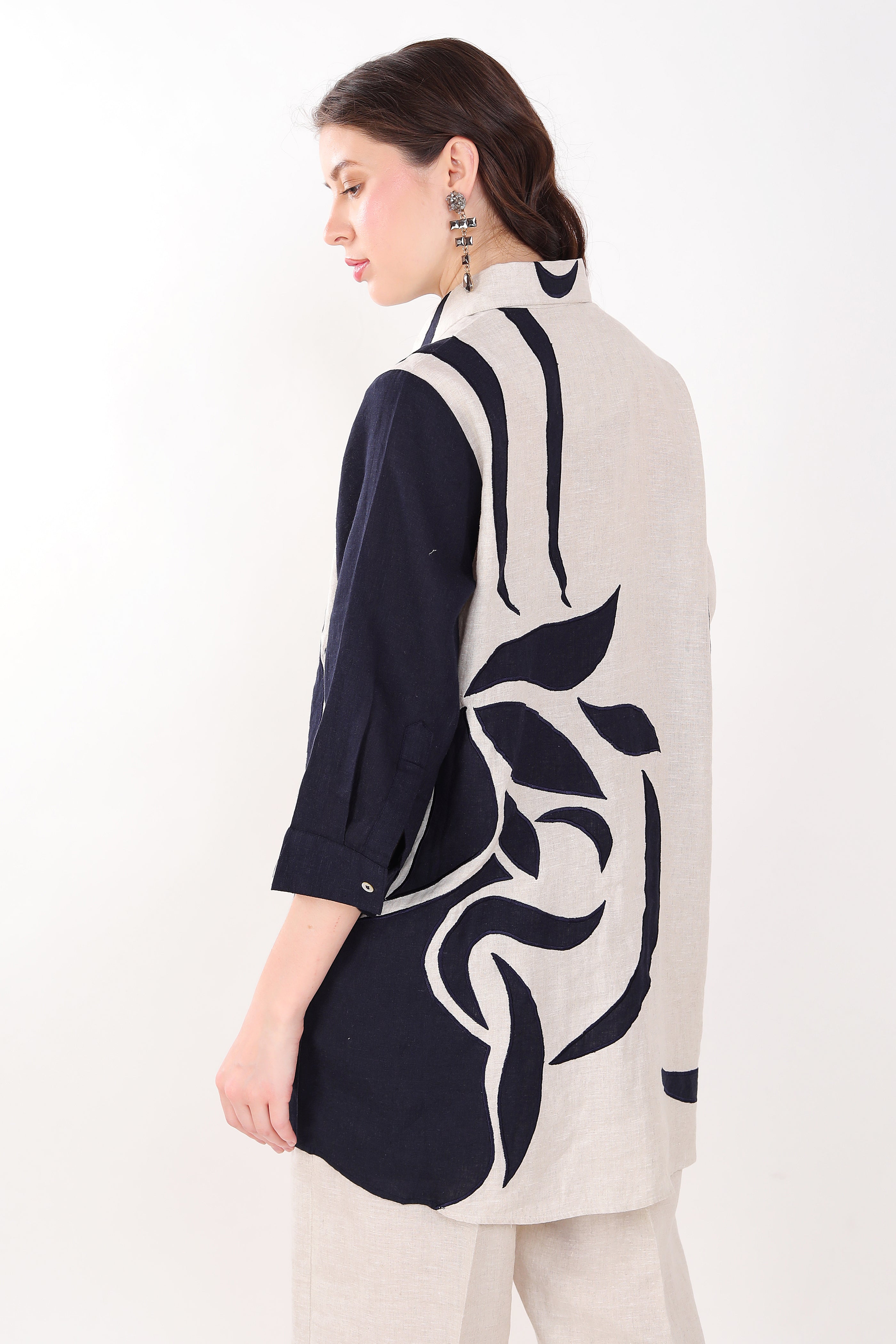 Beige/Navy Long Shirt with Big Leaf Applique Embroidery