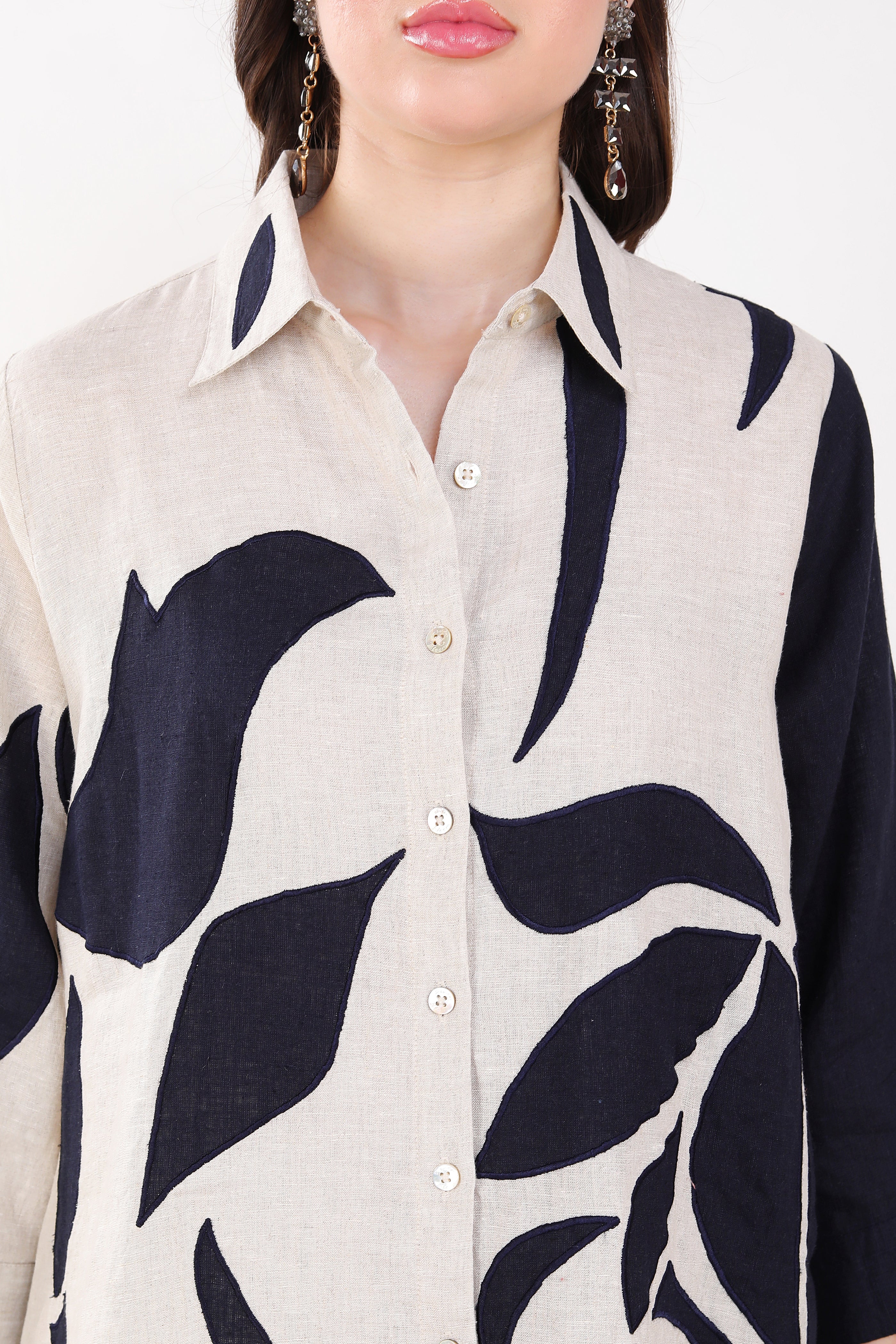 Beige/Navy Long Shirt with Big Leaf Applique Embroidery