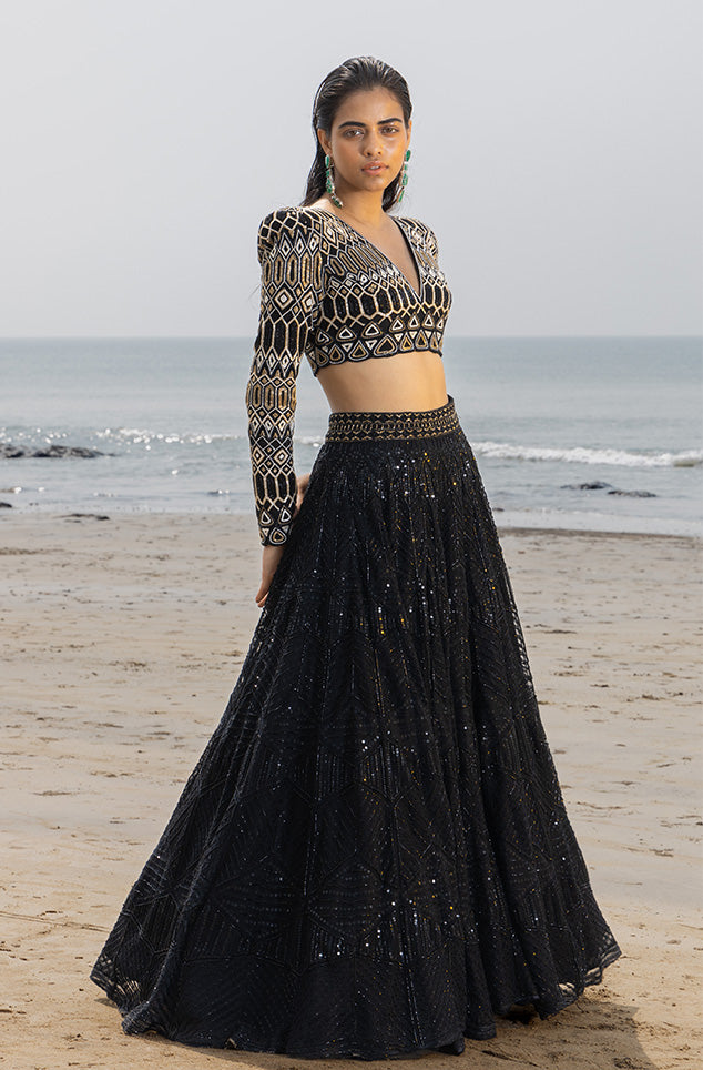 Katya Black Lehenga Set With Hand Embroidered Shoulder Pad Blouse