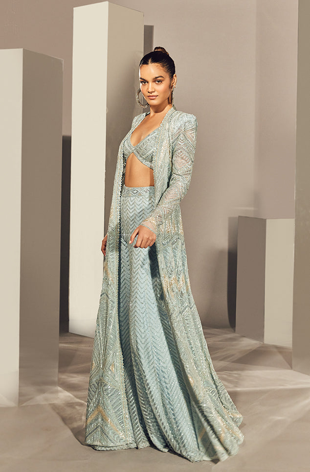 Husniya Blue Sharara Set With Jacket