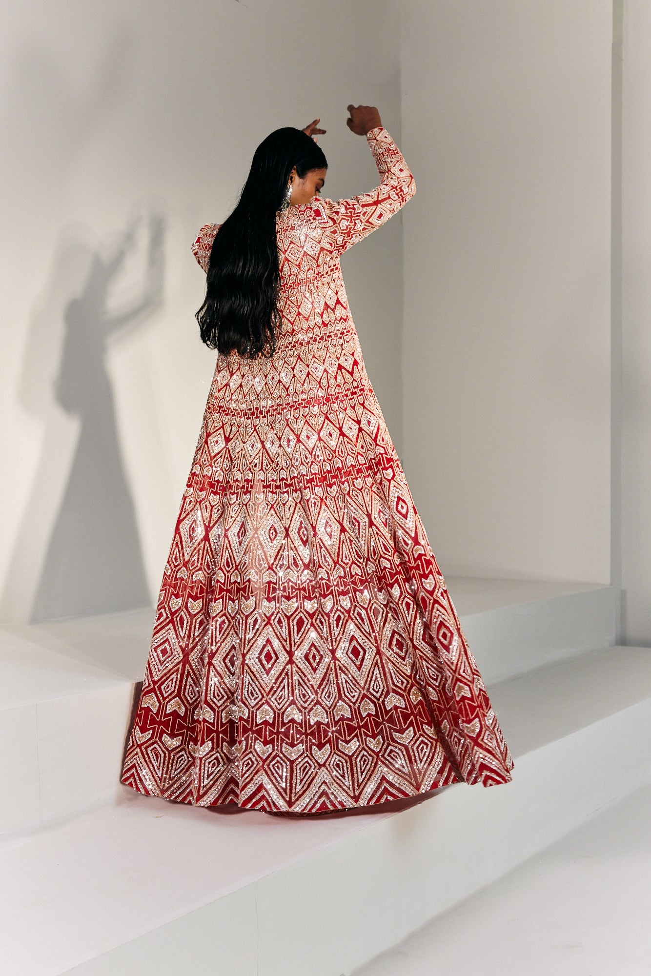 Anfisa Red Sharara Set With Long Jacket And Heavy Chevron Sharara