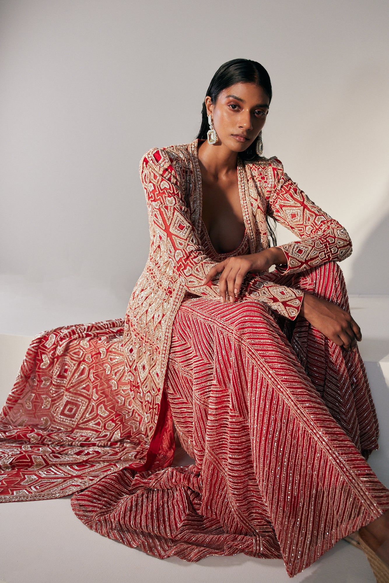 Anfisa Red Sharara Set With Long Jacket And Heavy Chevron Sharara