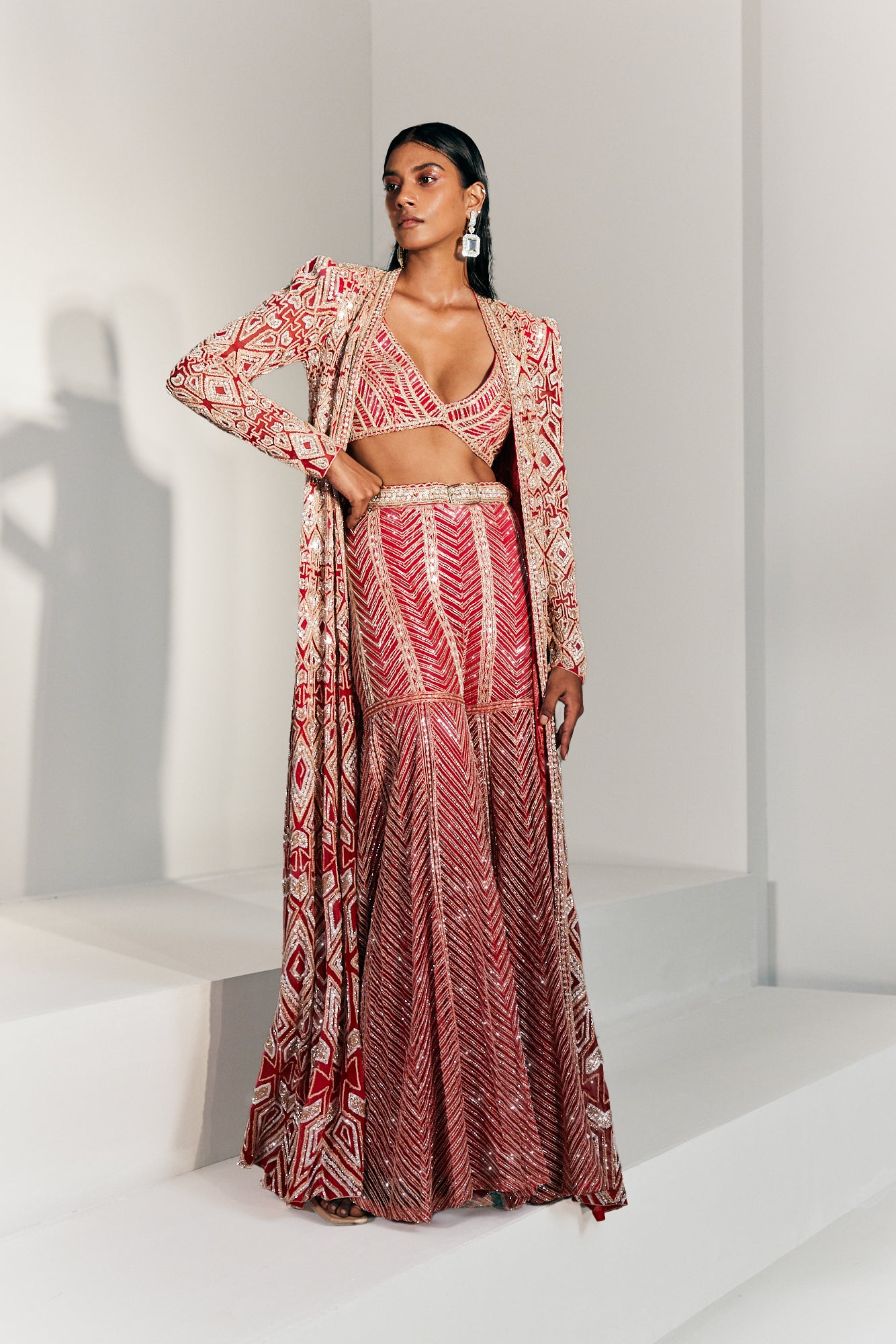 Anfisa Red Sharara Set With Long Jacket And Heavy Chevron Sharara