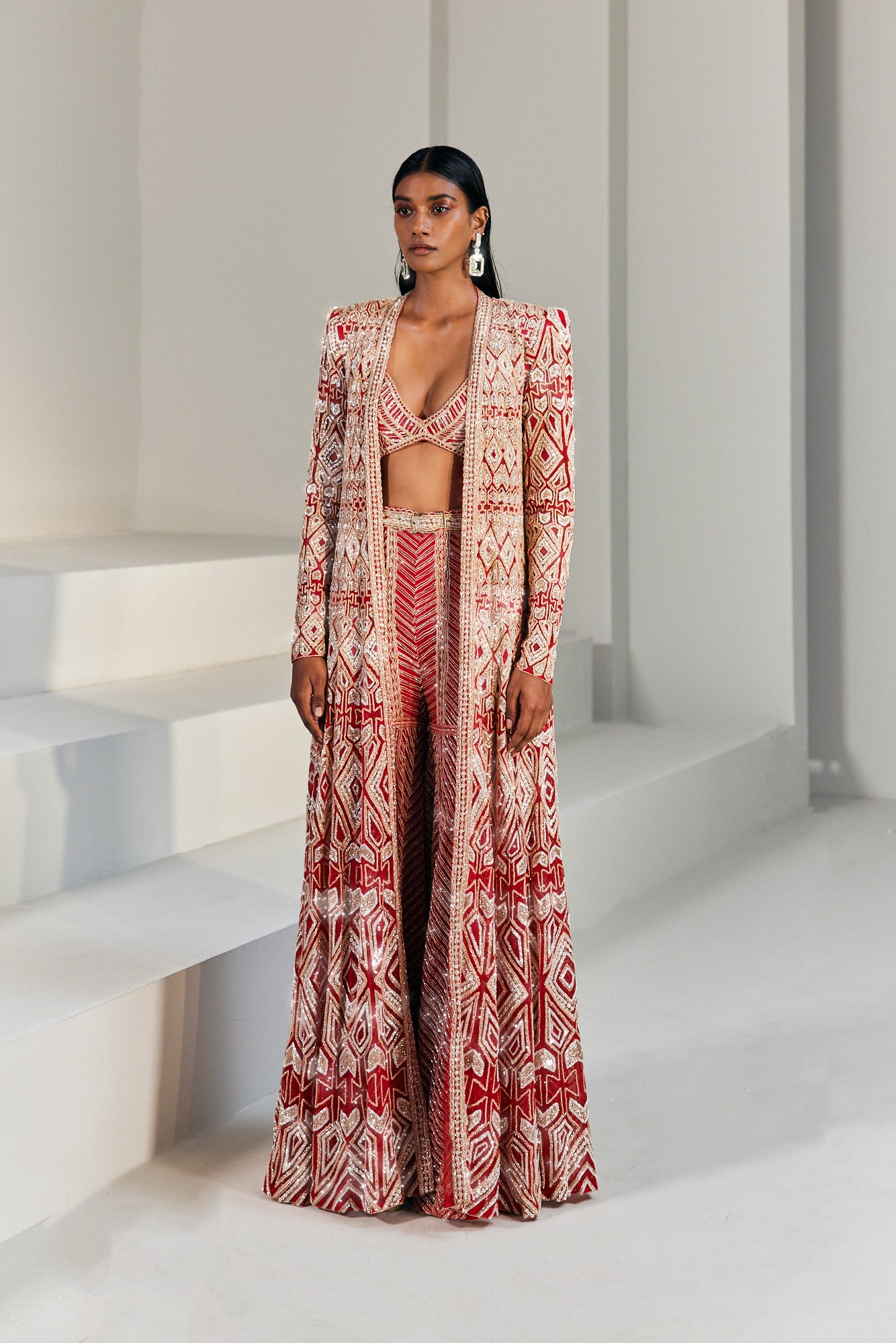 Anfisa Red Sharara Set With Long Jacket And Heavy Chevron Sharara