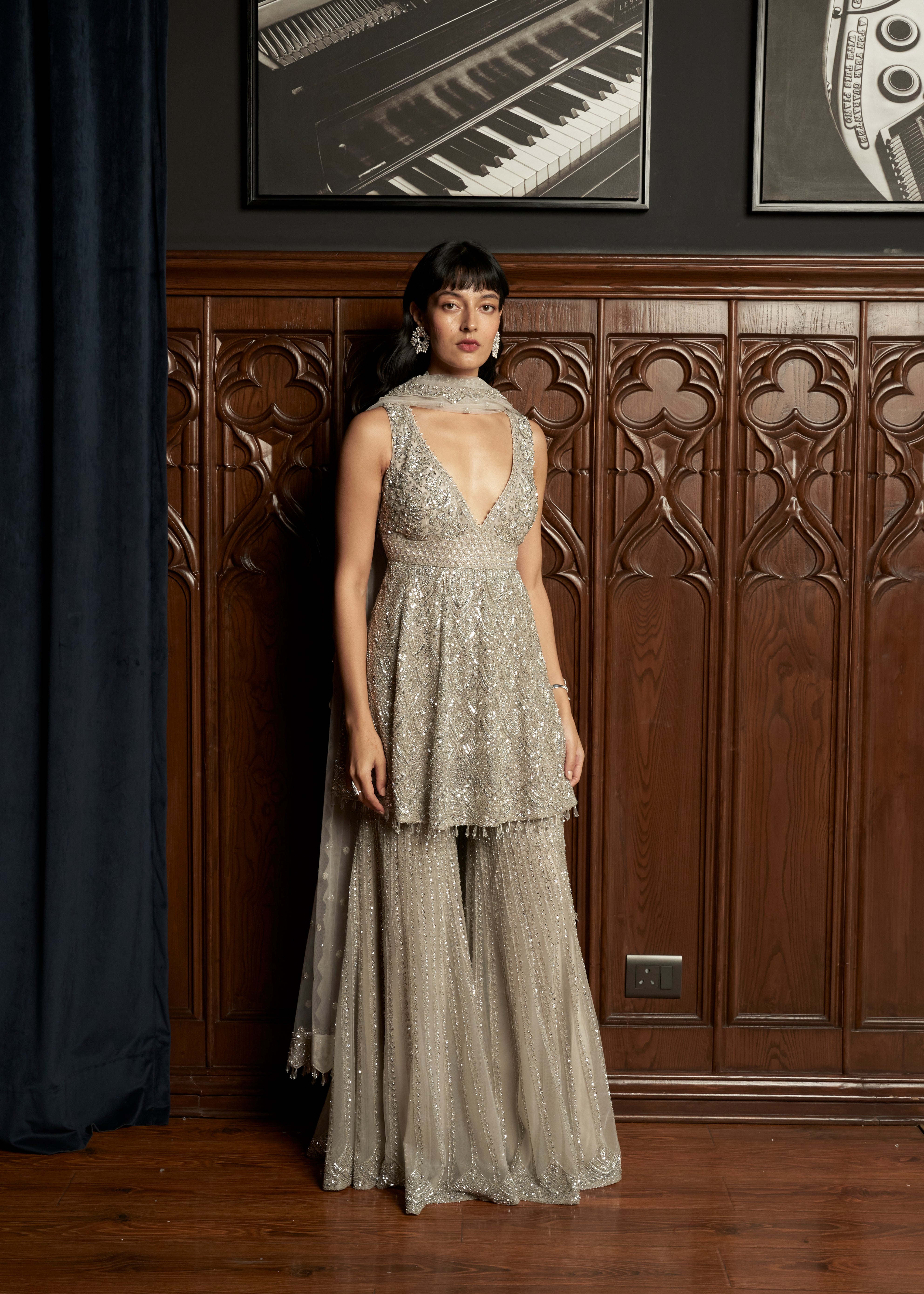 Grey Peplum Sharara Set