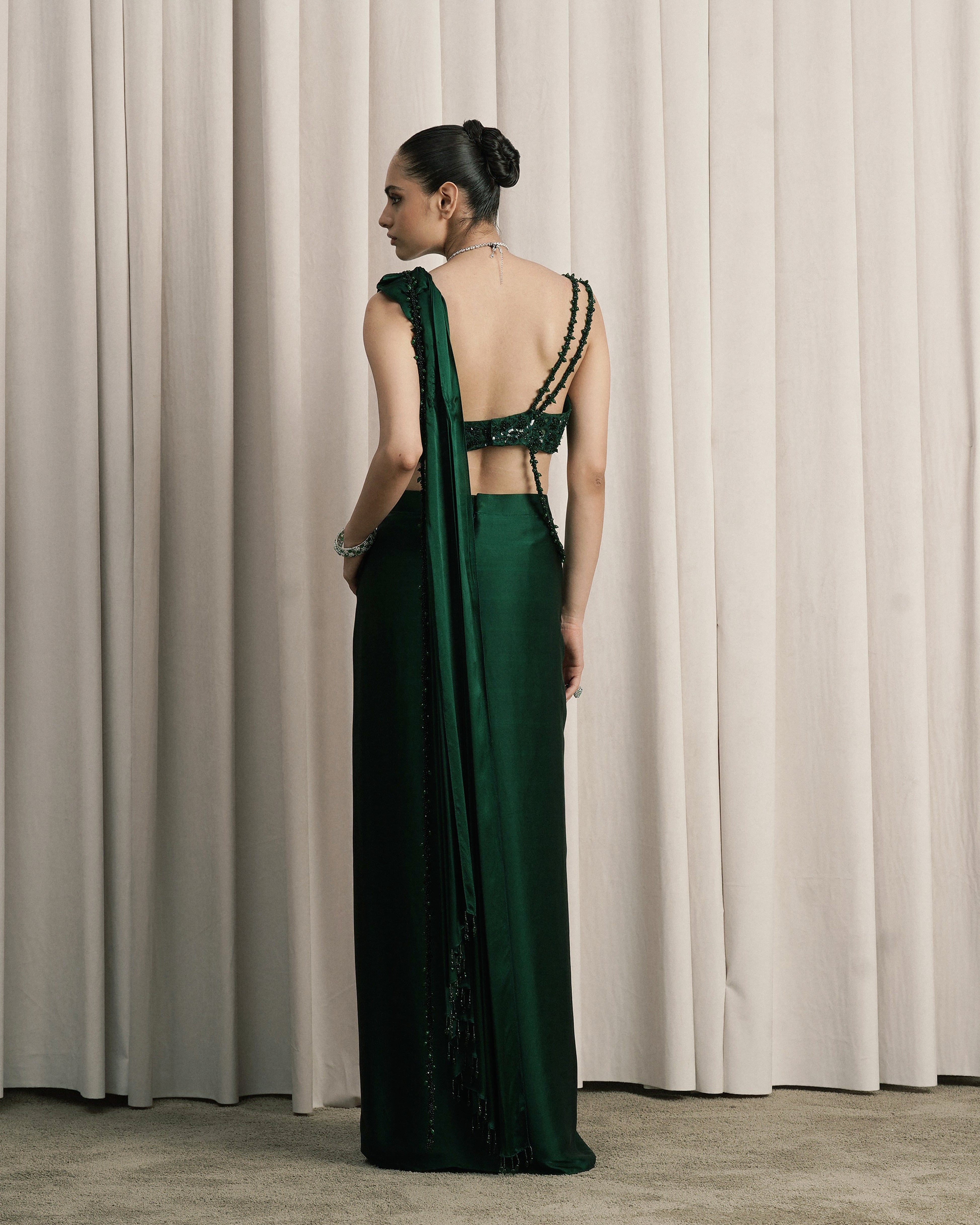 Emerald Green Draped Satin Saree