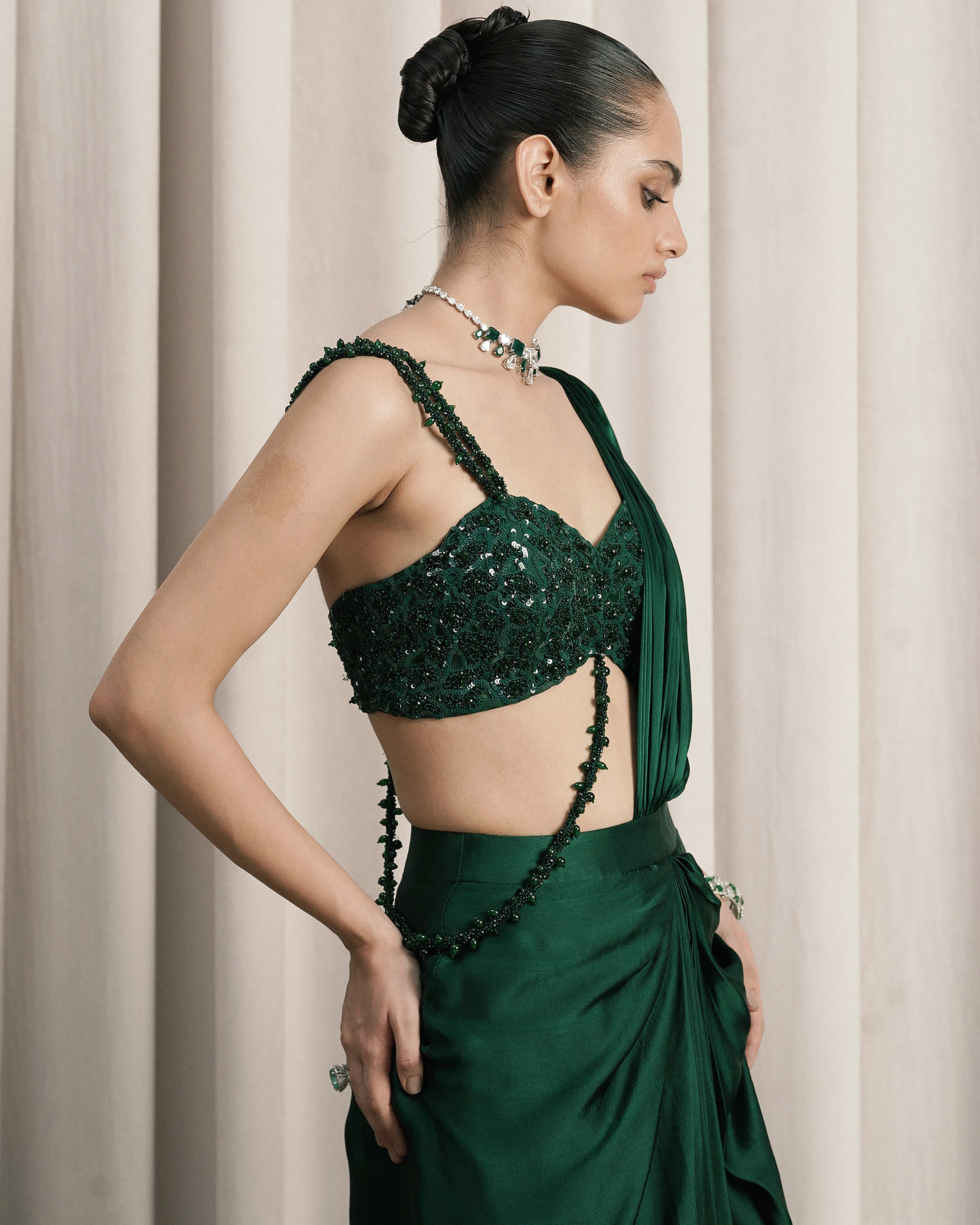 Emerald Green Draped Satin Saree