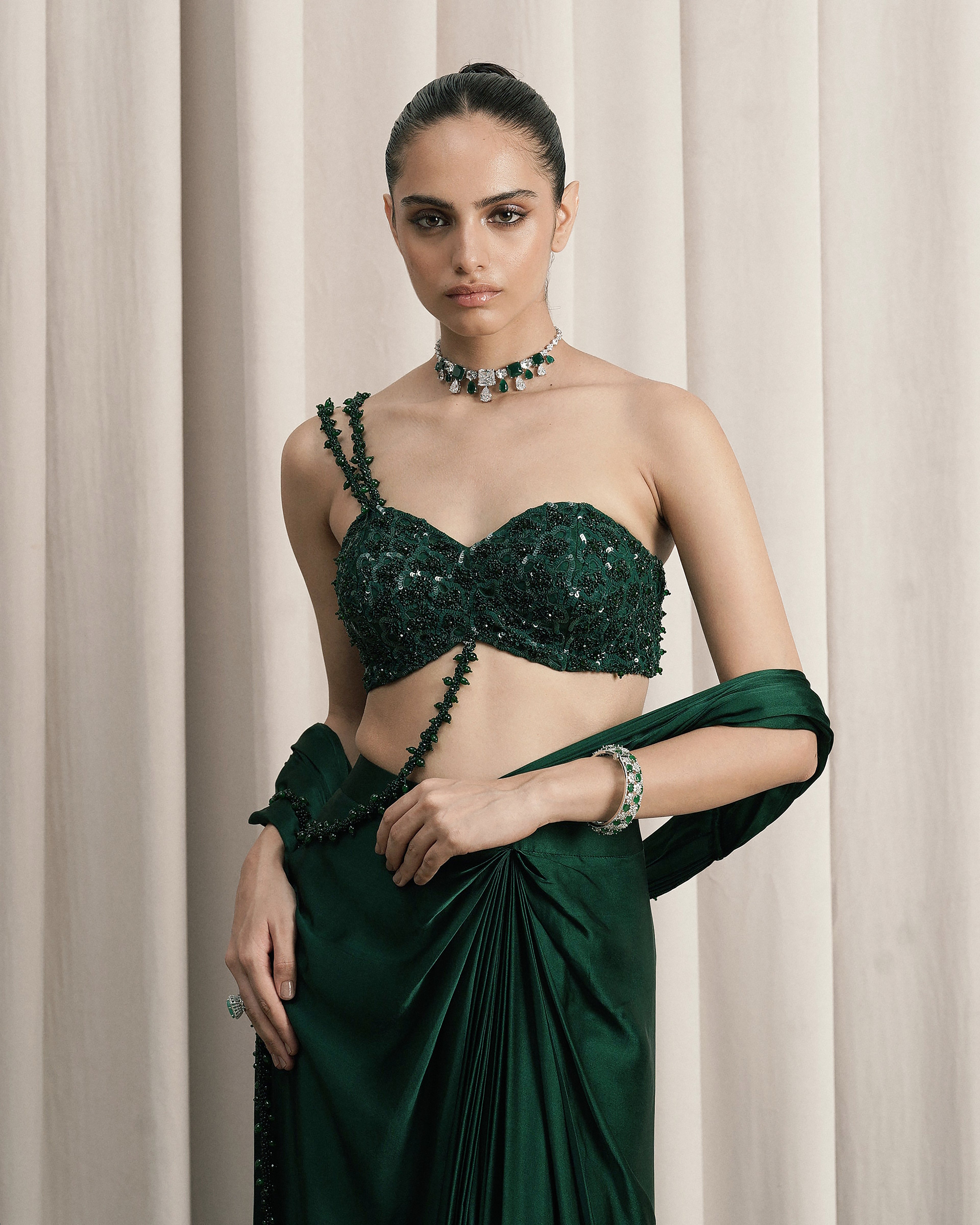 Emerald Green Draped Satin Saree