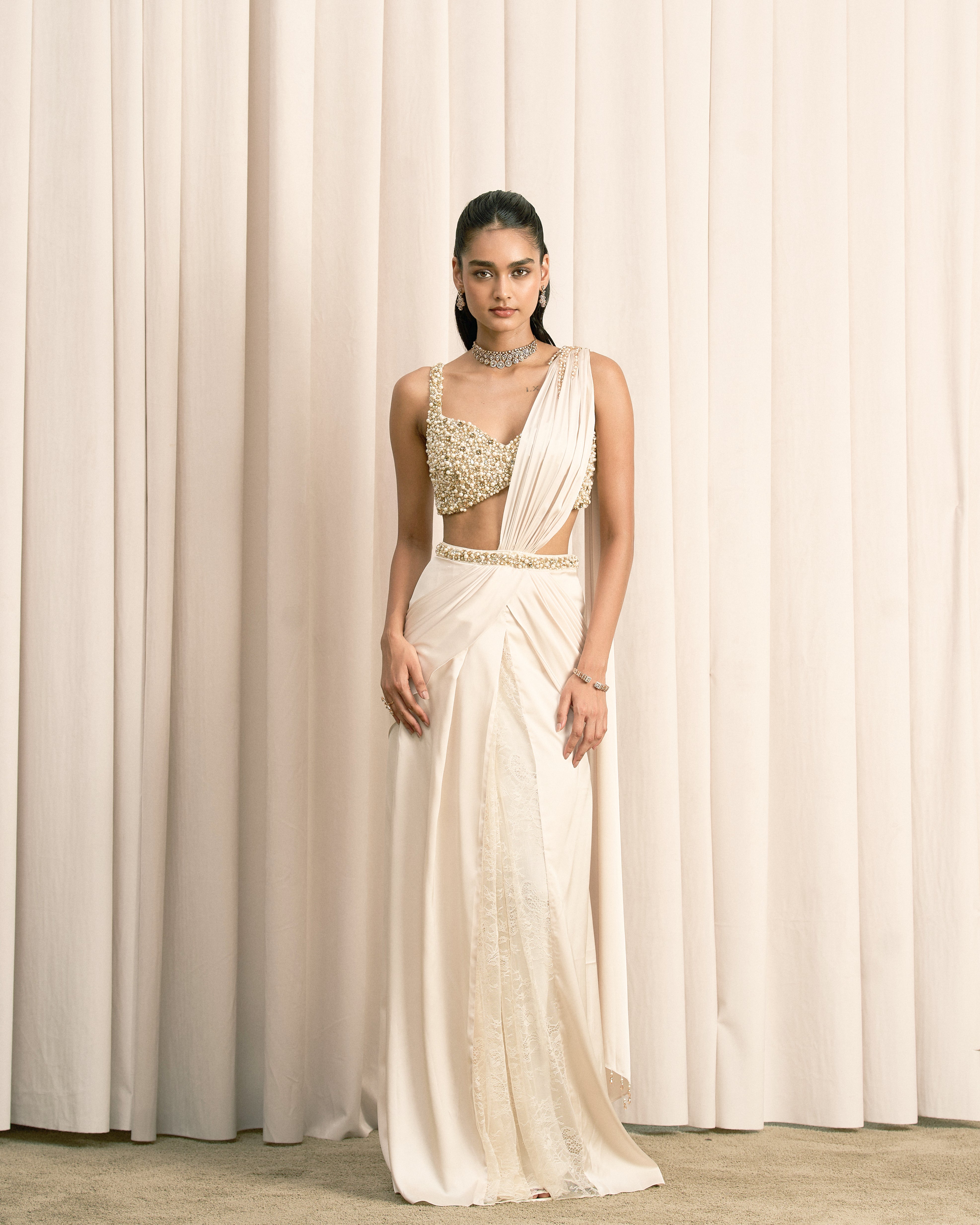 Ivory Draped Satin Saree