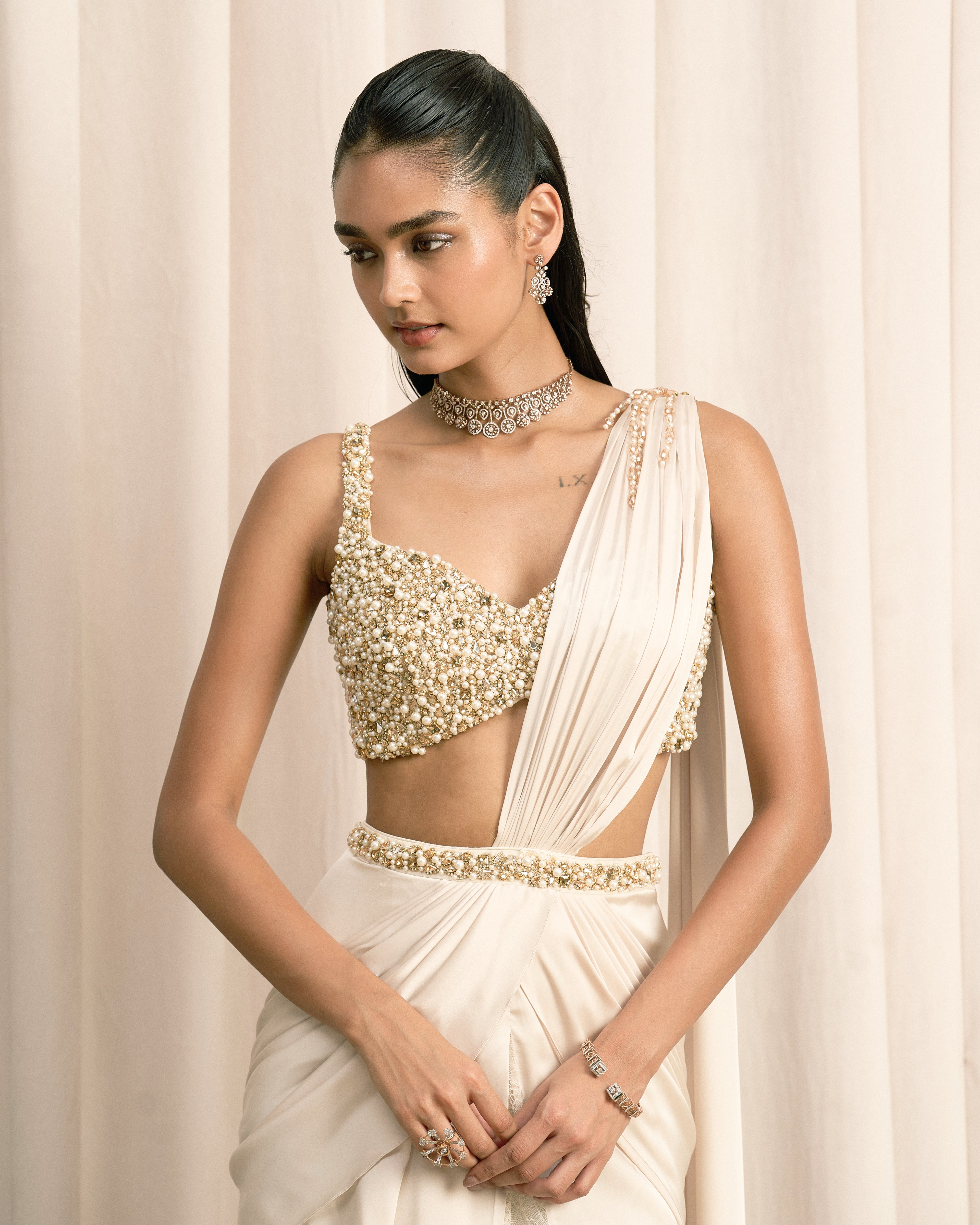 Ivory Draped Satin Saree