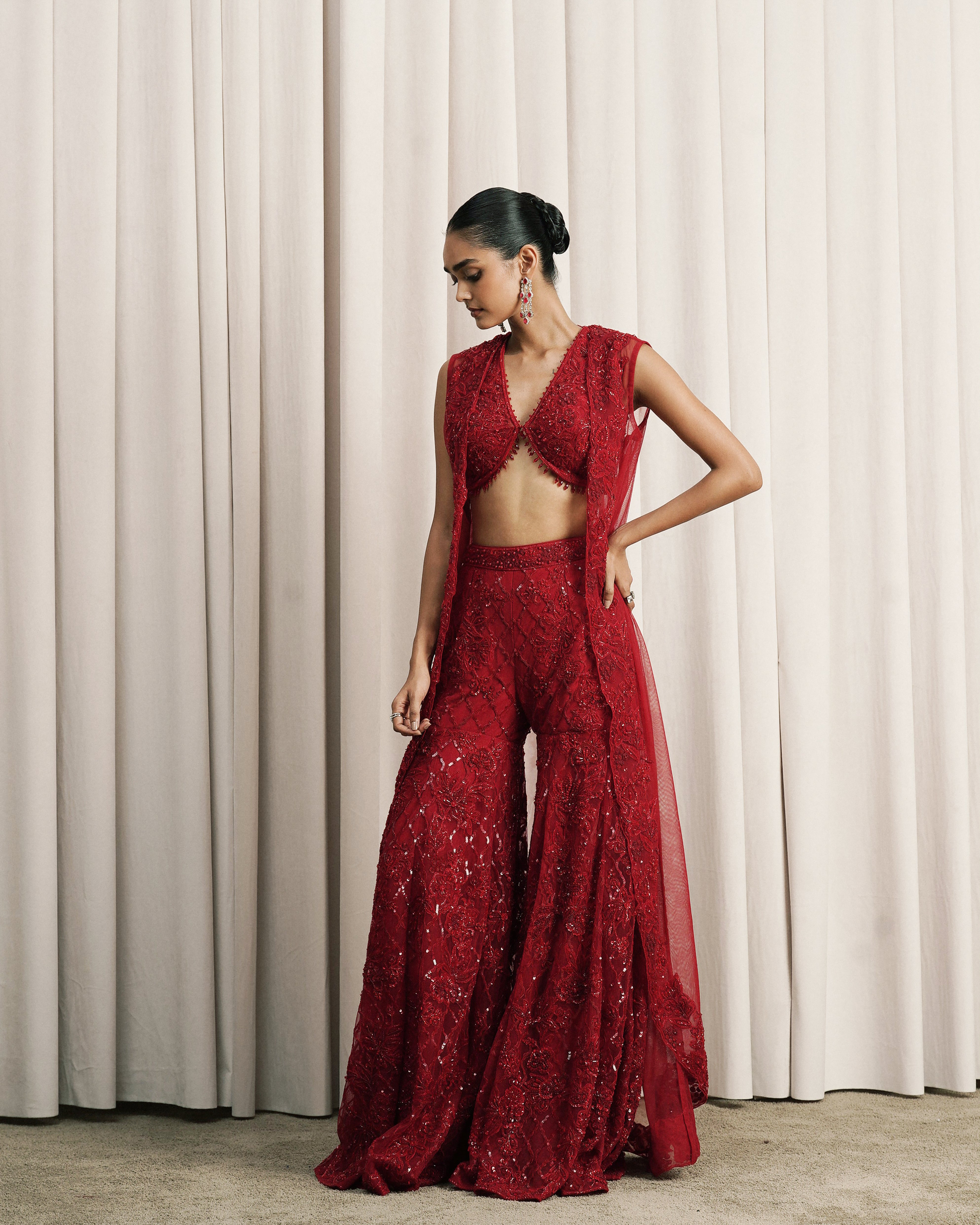 Red Embroidered Jacket Set With Bustier And Pants