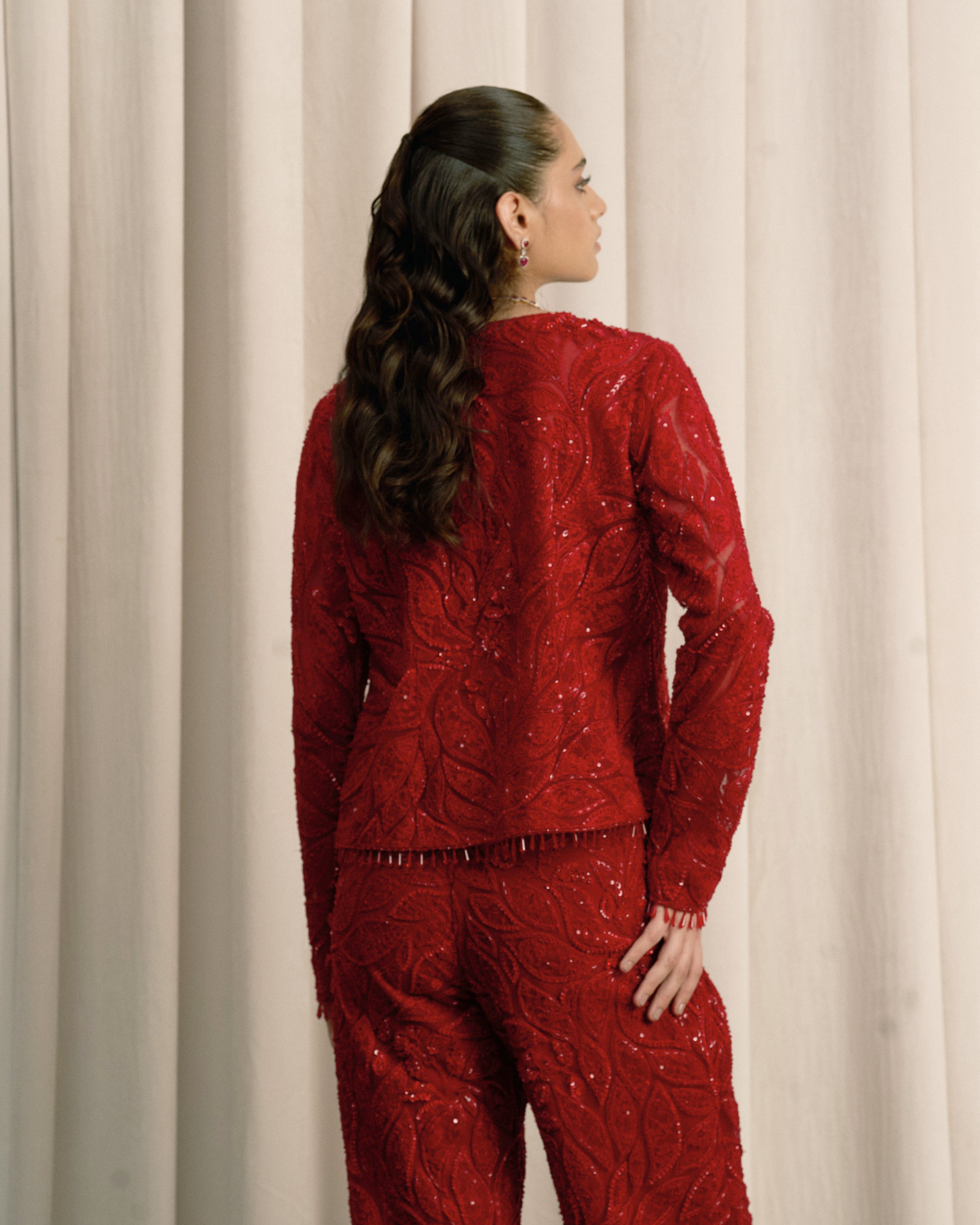Red Embroidered Co-ord Set With Flared Pants