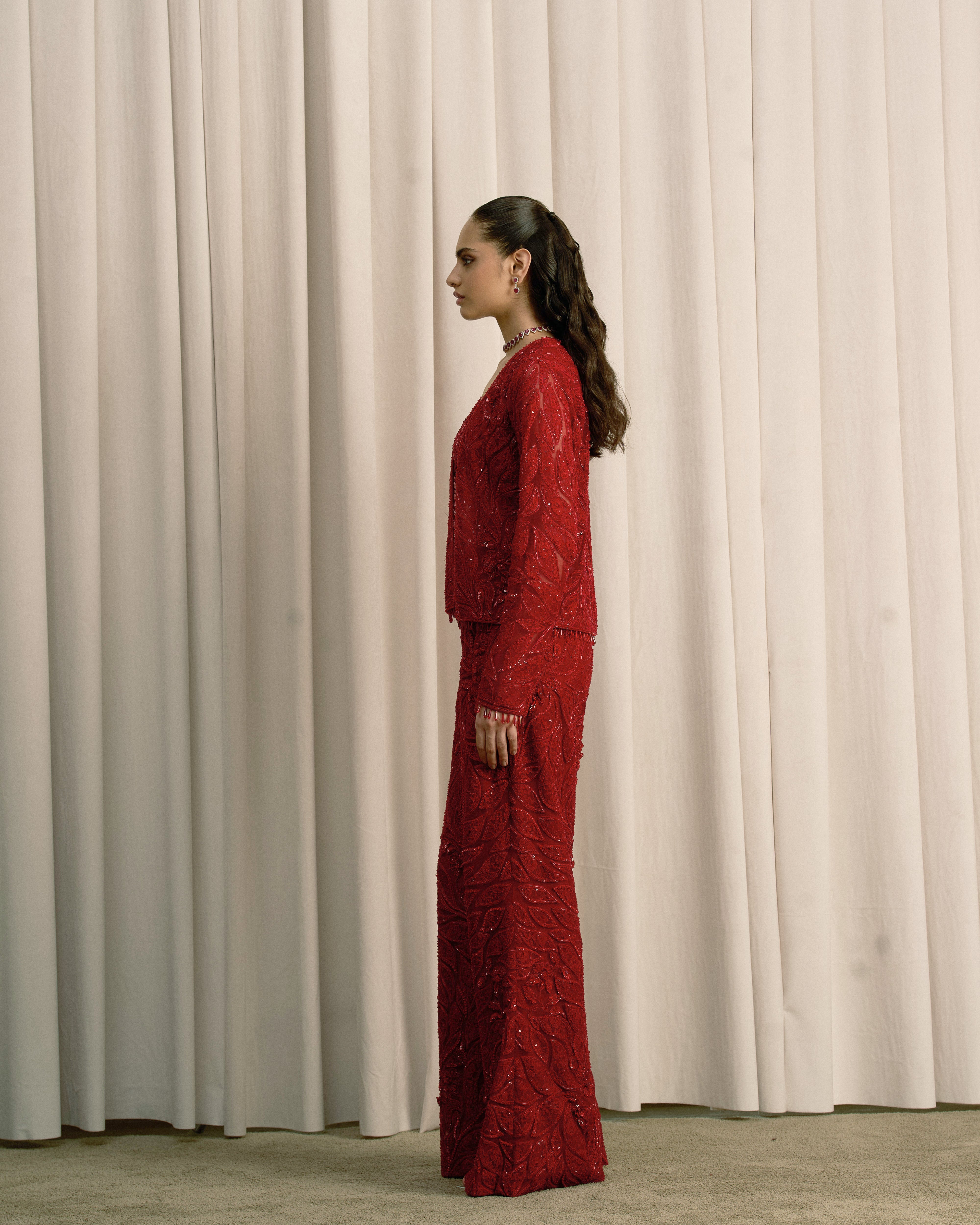 Red Embroidered Co-ord Set With Flared Pants