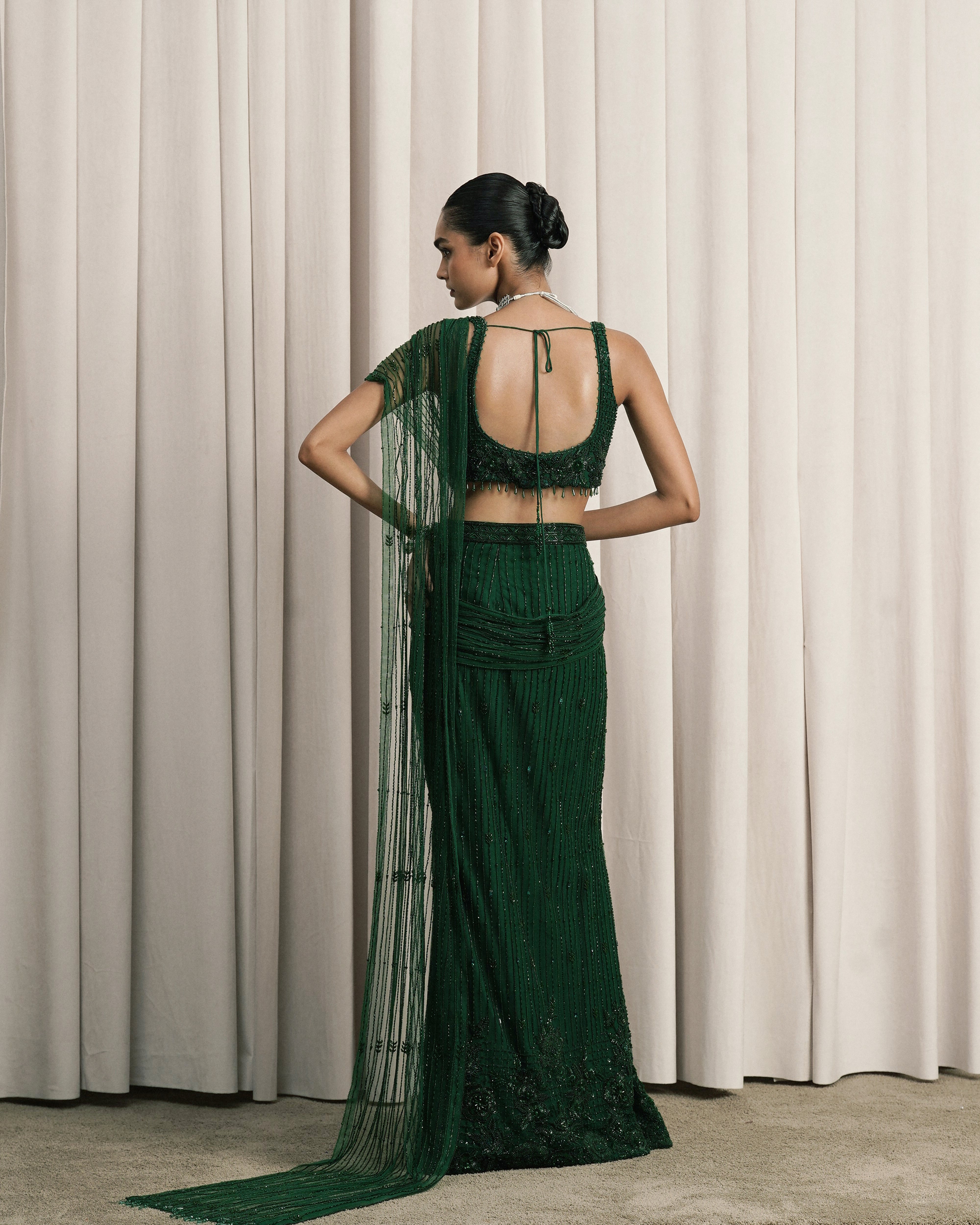 Emerald Green Embroidered Net Saree